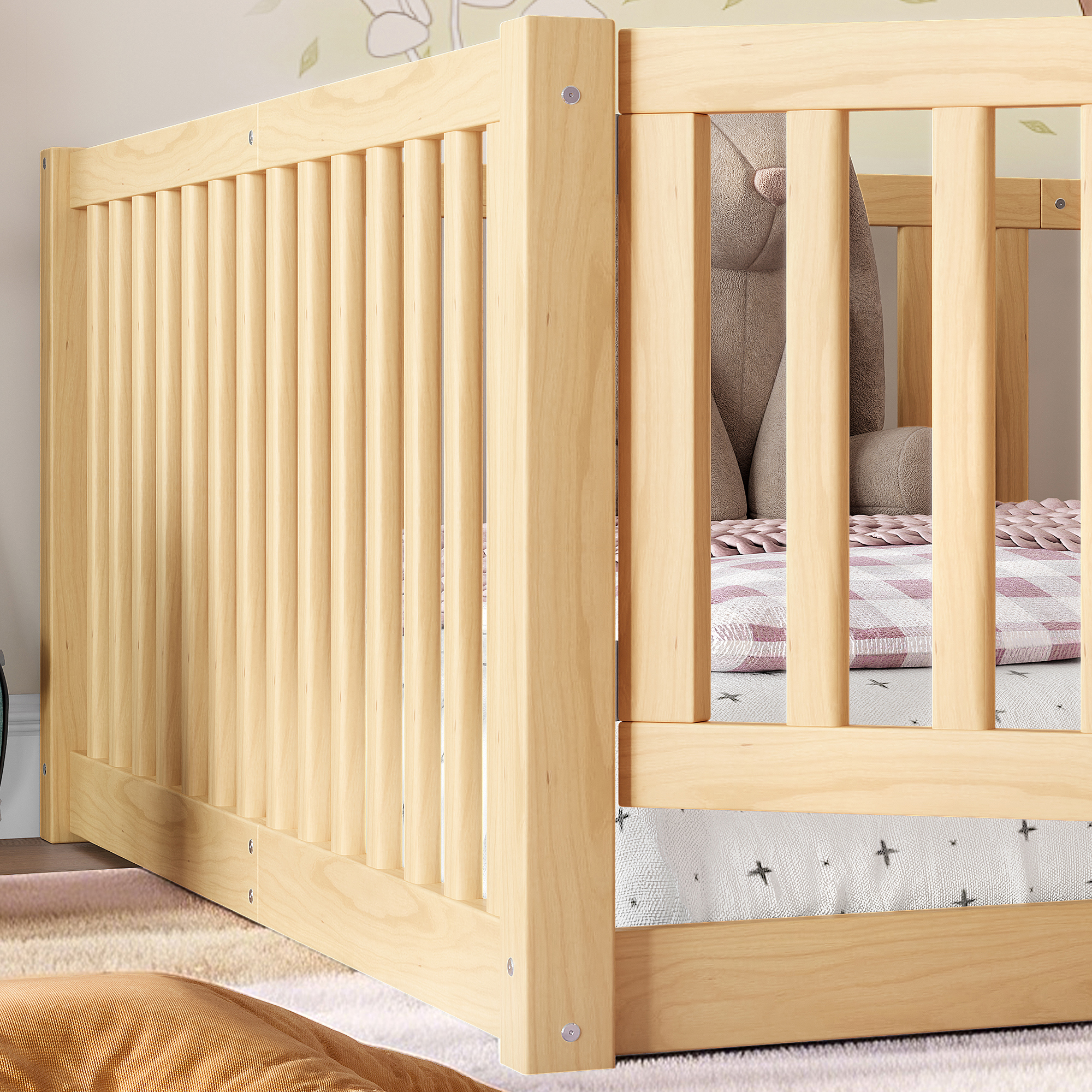 Full Size Bed Floor Bed with Safety Guardrails and Door for Kids,Natural - Image 5