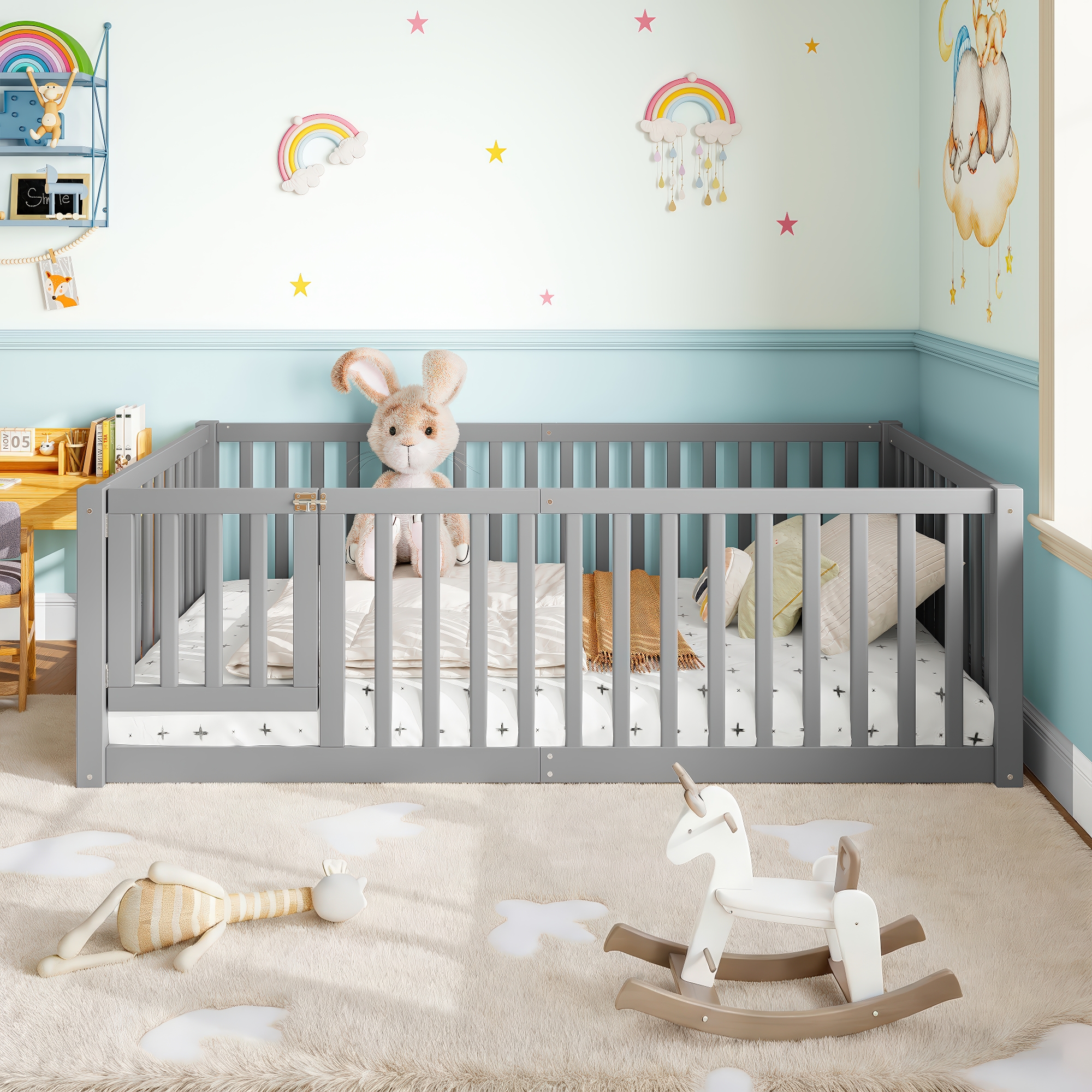 Twin Size Bed Floor Bed with Safety Guardrails and Door for Kids, Gray - Image 1