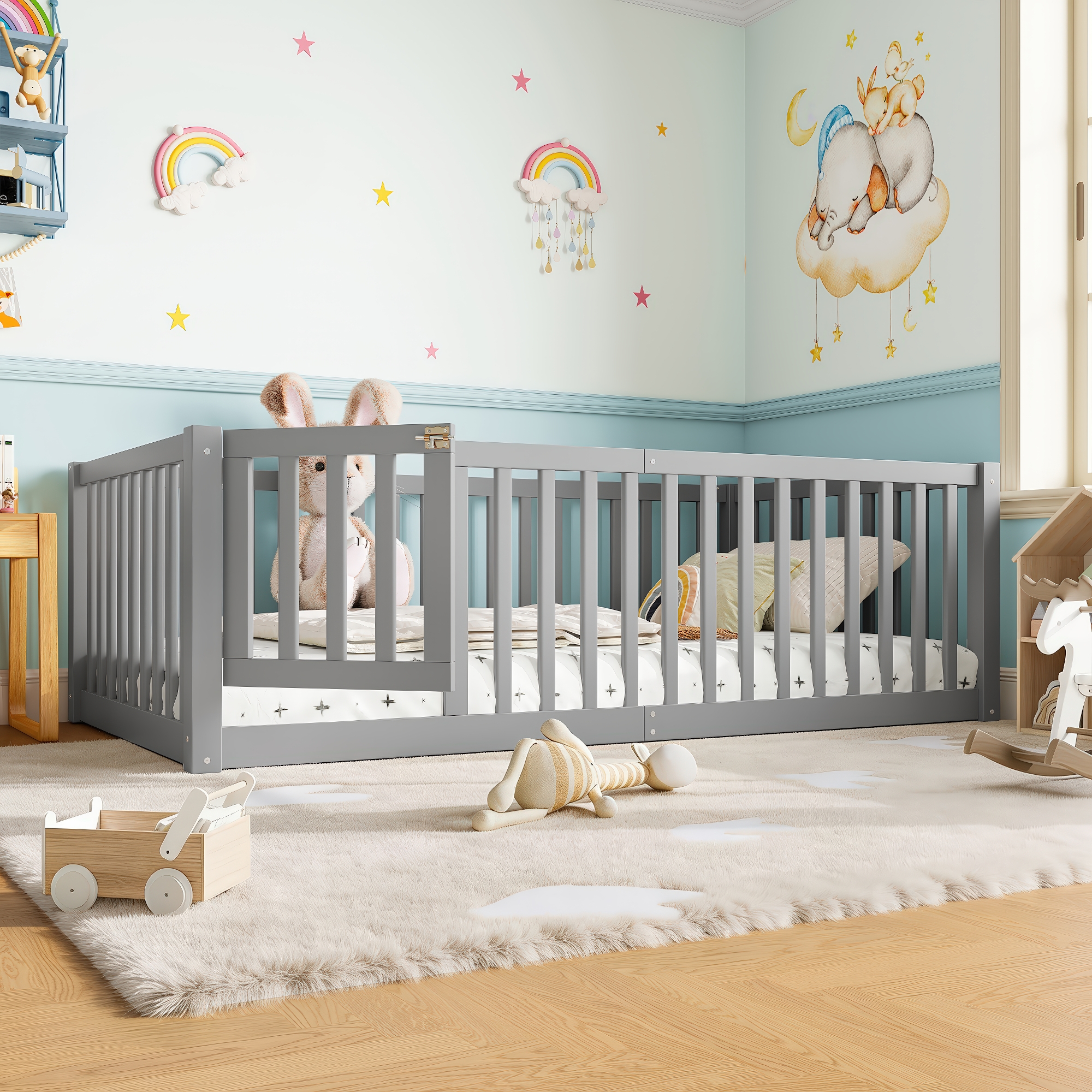 Twin Size Bed Floor Bed with Safety Guardrails and Door for Kids, Gray - Image 2