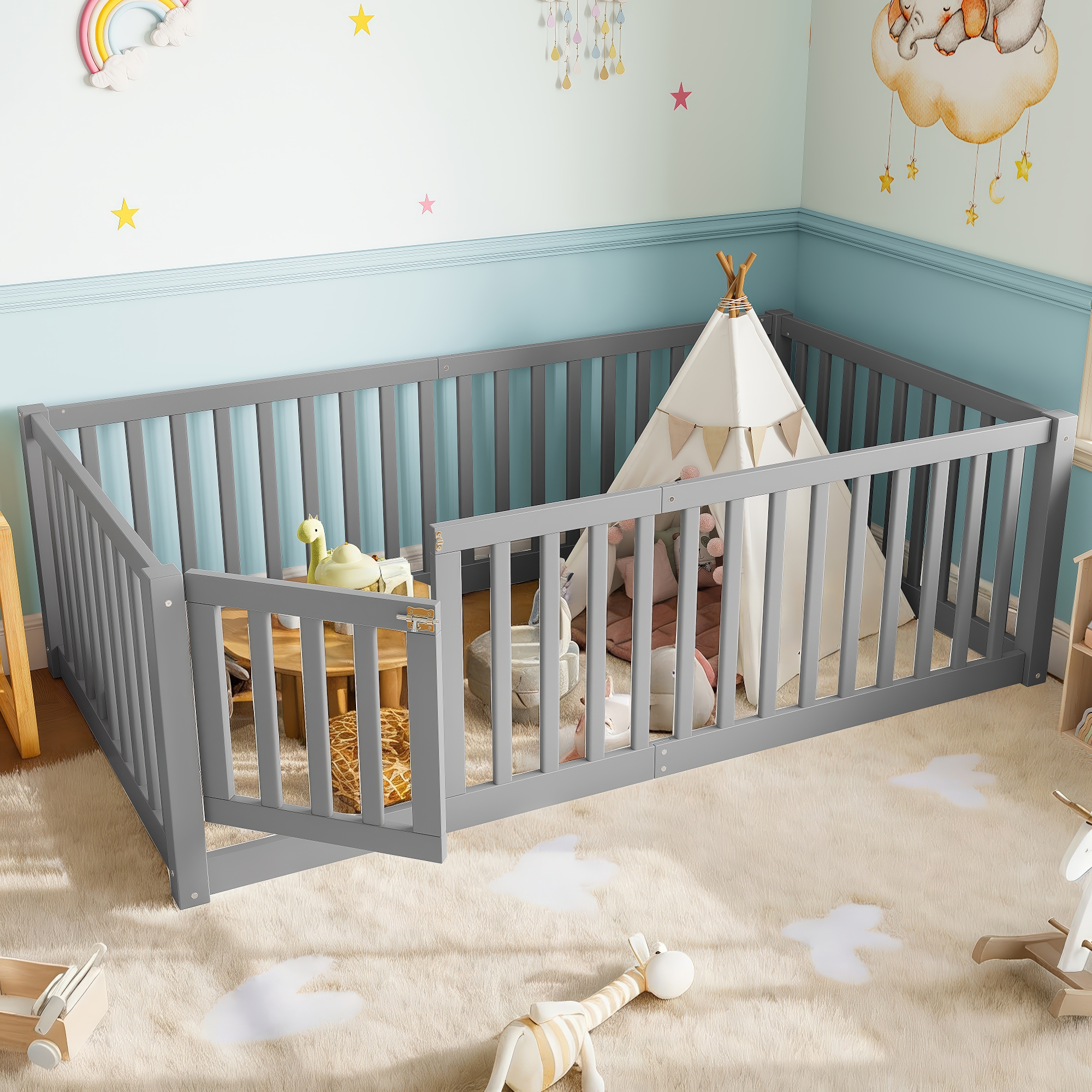Twin Size Bed Floor Bed with Safety Guardrails and Door for Kids, Gray - Image 3