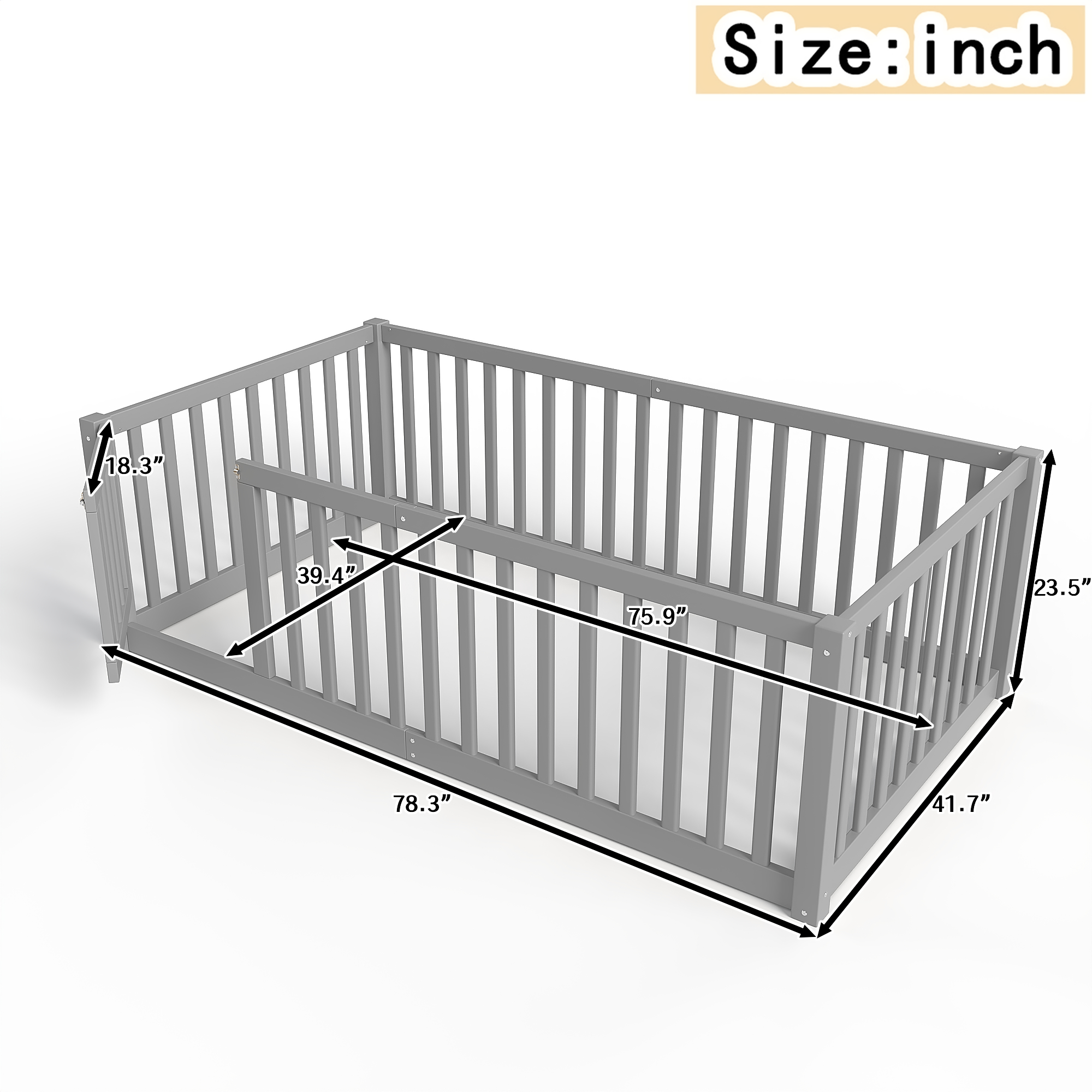 Twin Size Bed Floor Bed with Safety Guardrails and Door for Kids, Gray - Image 4