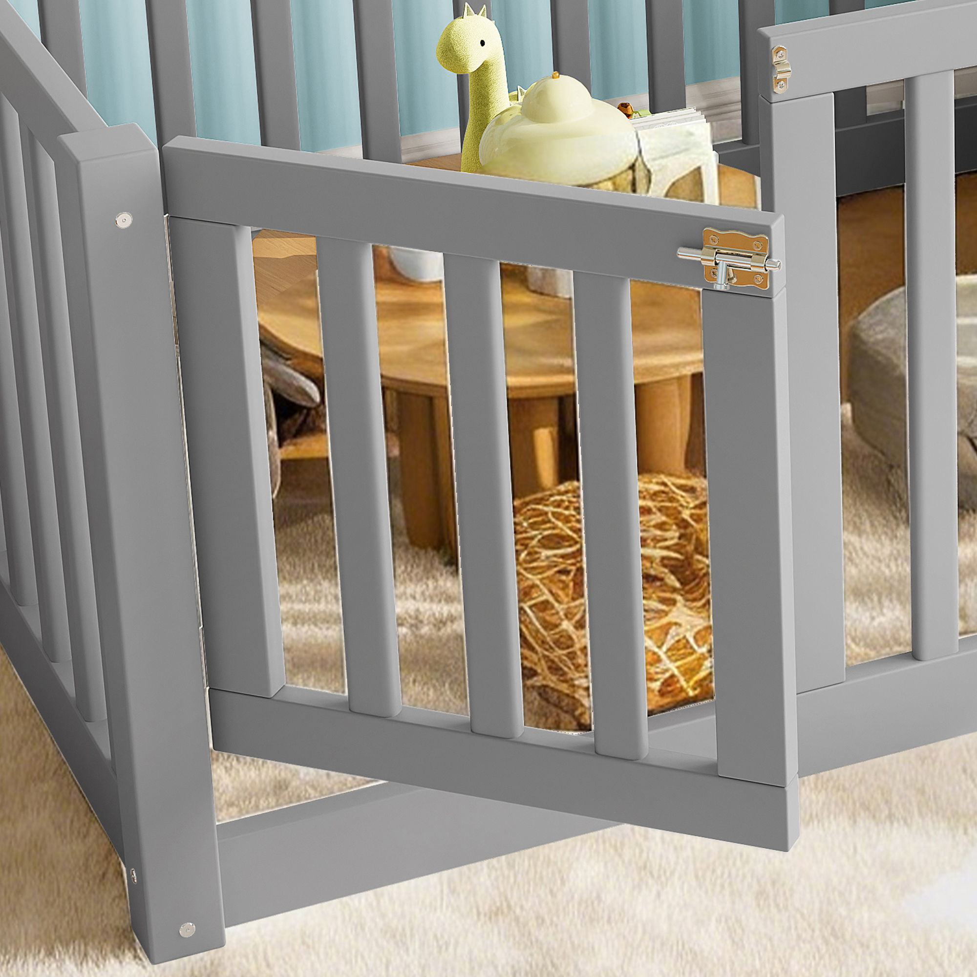 Twin Size Bed Floor Bed with Safety Guardrails and Door for Kids, Gray - Image 5
