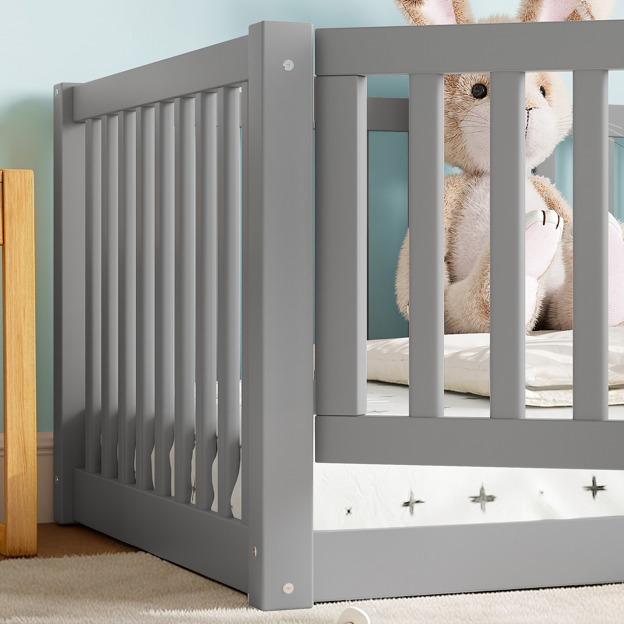 Twin Size Bed Floor Bed with Safety Guardrails and Door for Kids, Gray - Image 6