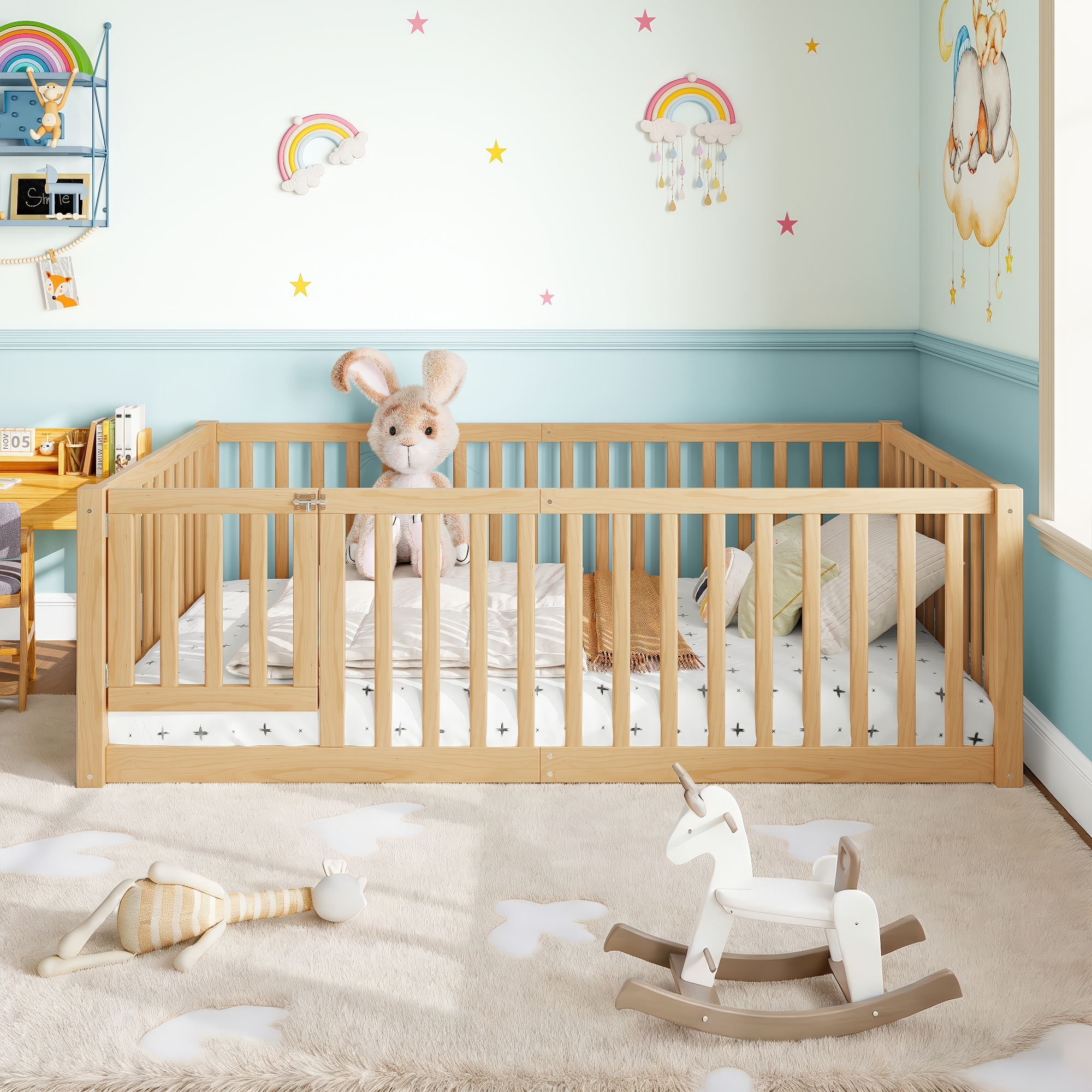 Twin Size Bed Floor Bed with Safety Guardrails and Door for Kids, Natural - Image 1