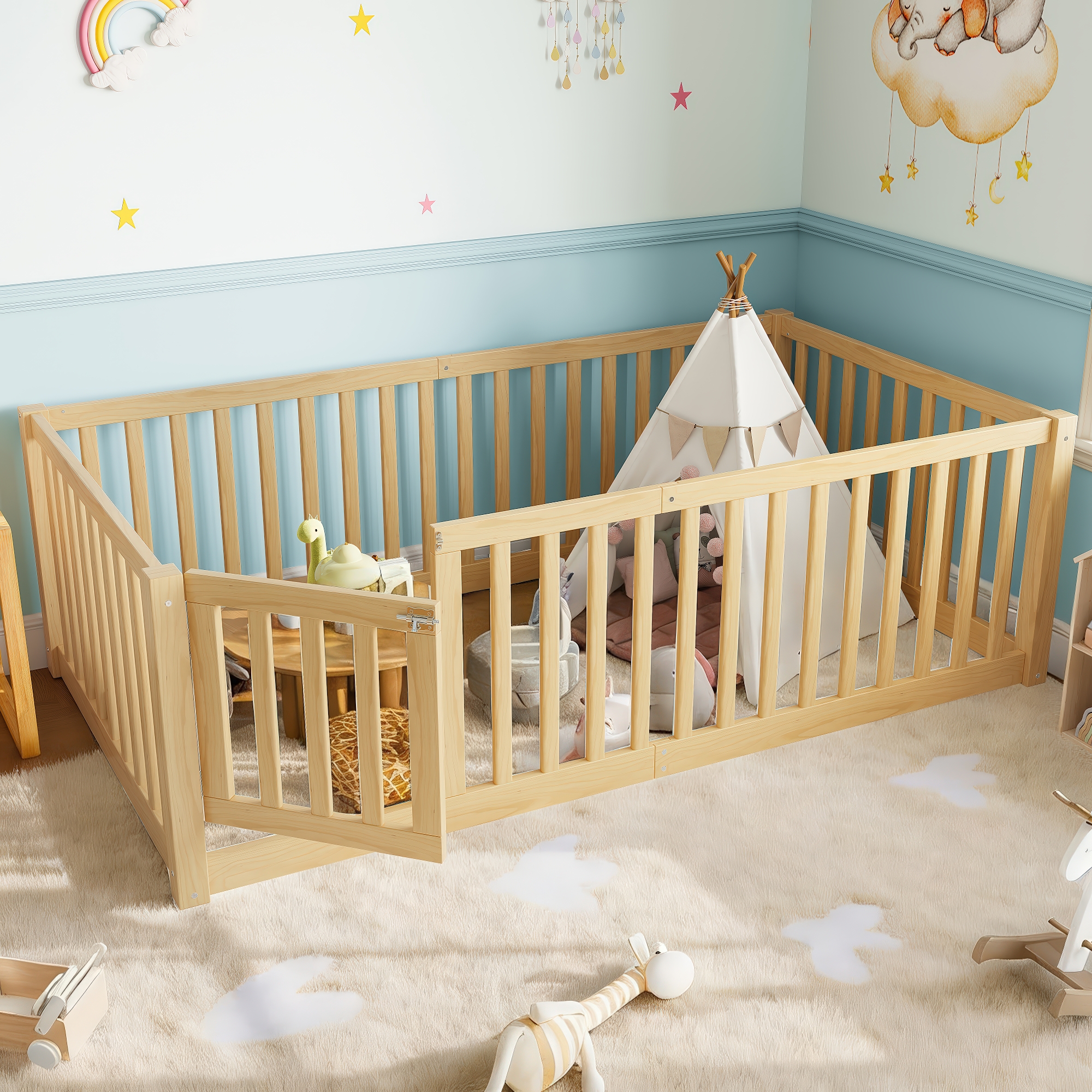 Twin Size Bed Floor Bed with Safety Guardrails and Door for Kids, Natural - Image 2