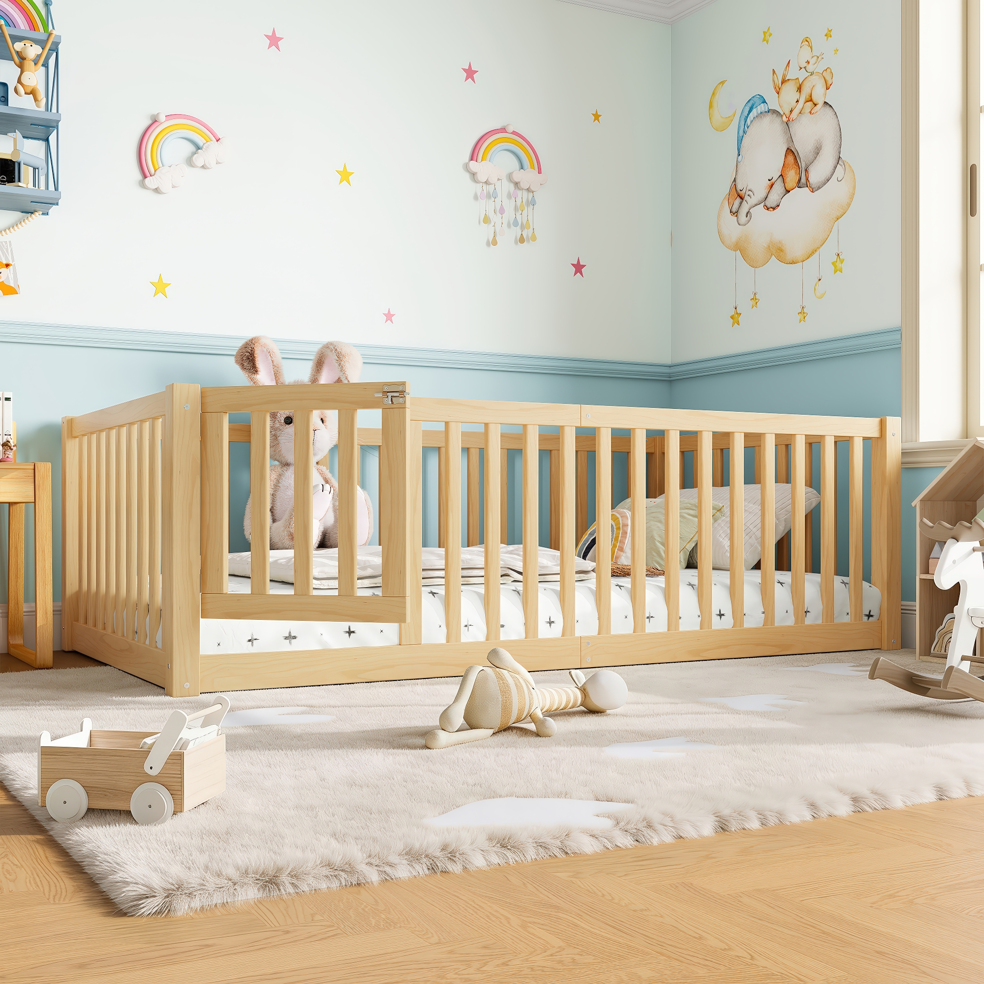 Twin Size Bed Floor Bed with Safety Guardrails and Door for Kids, Natural - Image 3