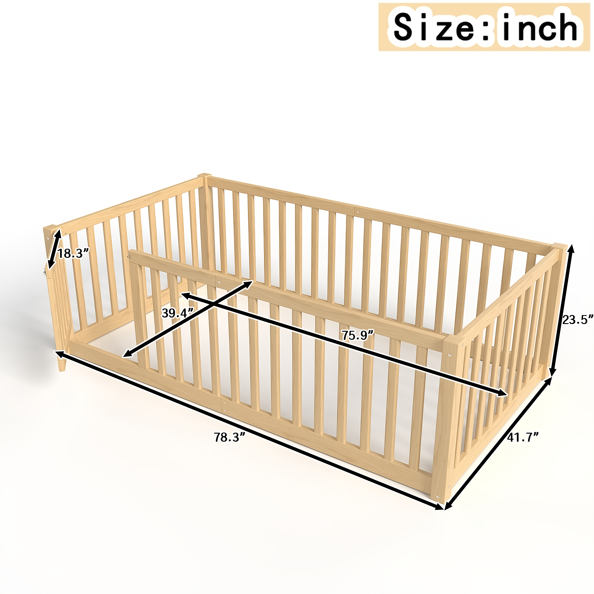 Twin Size Bed Floor Bed with Safety Guardrails and Door for Kids, Natural - Image 4