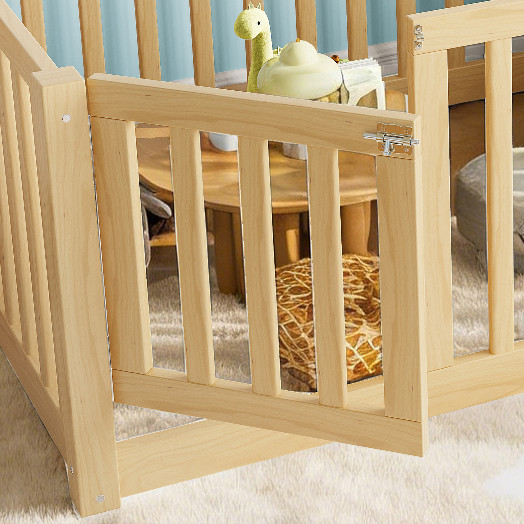 Twin Size Bed Floor Bed with Safety Guardrails and Door for Kids, Natural - Image 6
