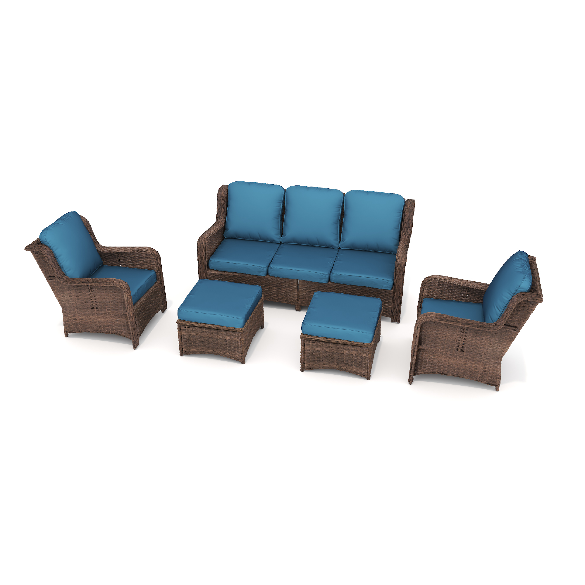 Patio Furniture Set Rattan Outdoor Sectional Conversation Sets 3-Seat Outdoor Couch,2 Single Chair and 2 Ottoman for Lawn, Balcony, Garden, Backyard (Bron-Peacock Blue, Set of 5) - Image 2