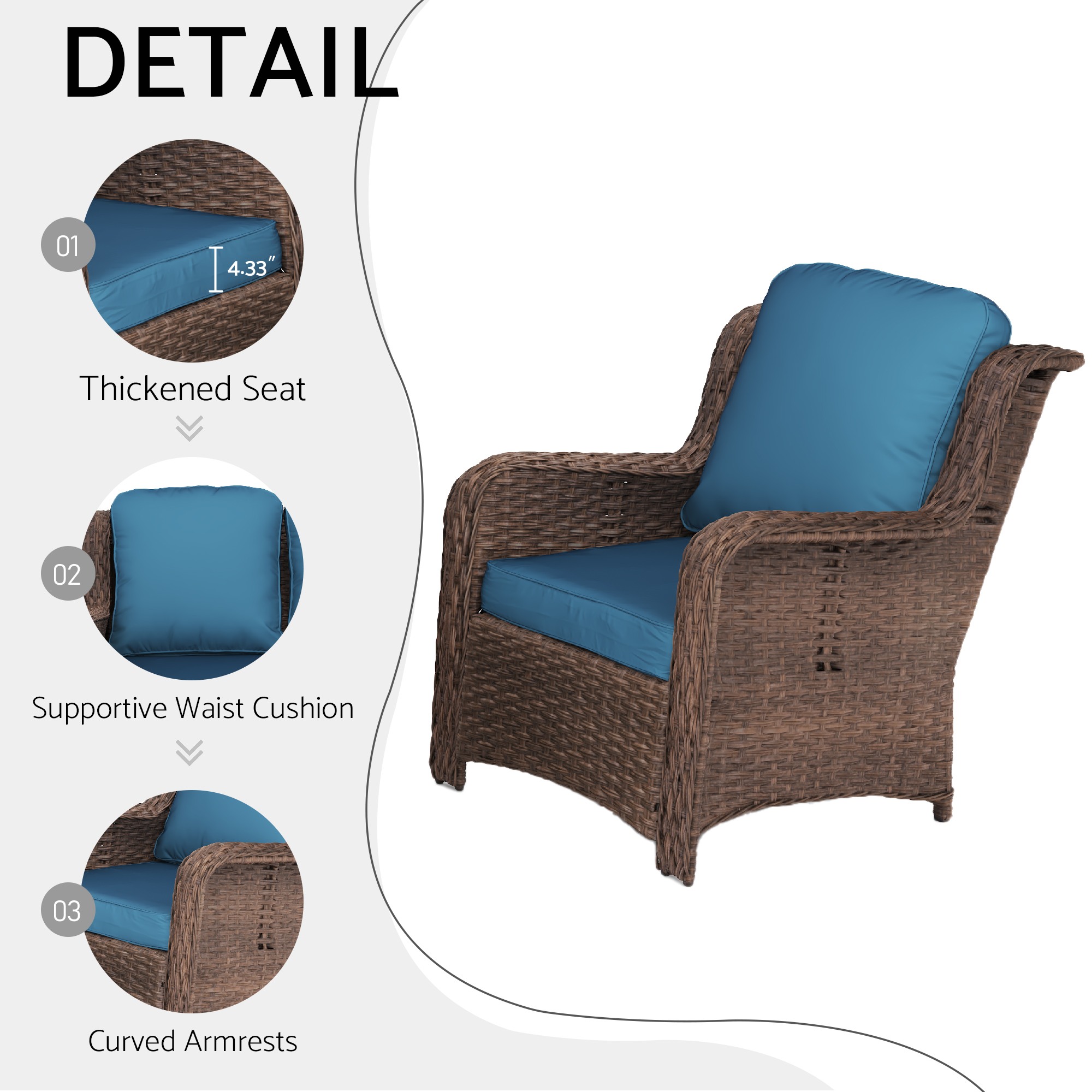 Patio Furniture Set Rattan Outdoor Sectional Conversation Sets 3-Seat Outdoor Couch,2 Single Chair and 2 Ottoman for Lawn, Balcony, Garden, Backyard (Bron-Peacock Blue, Set of 5) - Image 4