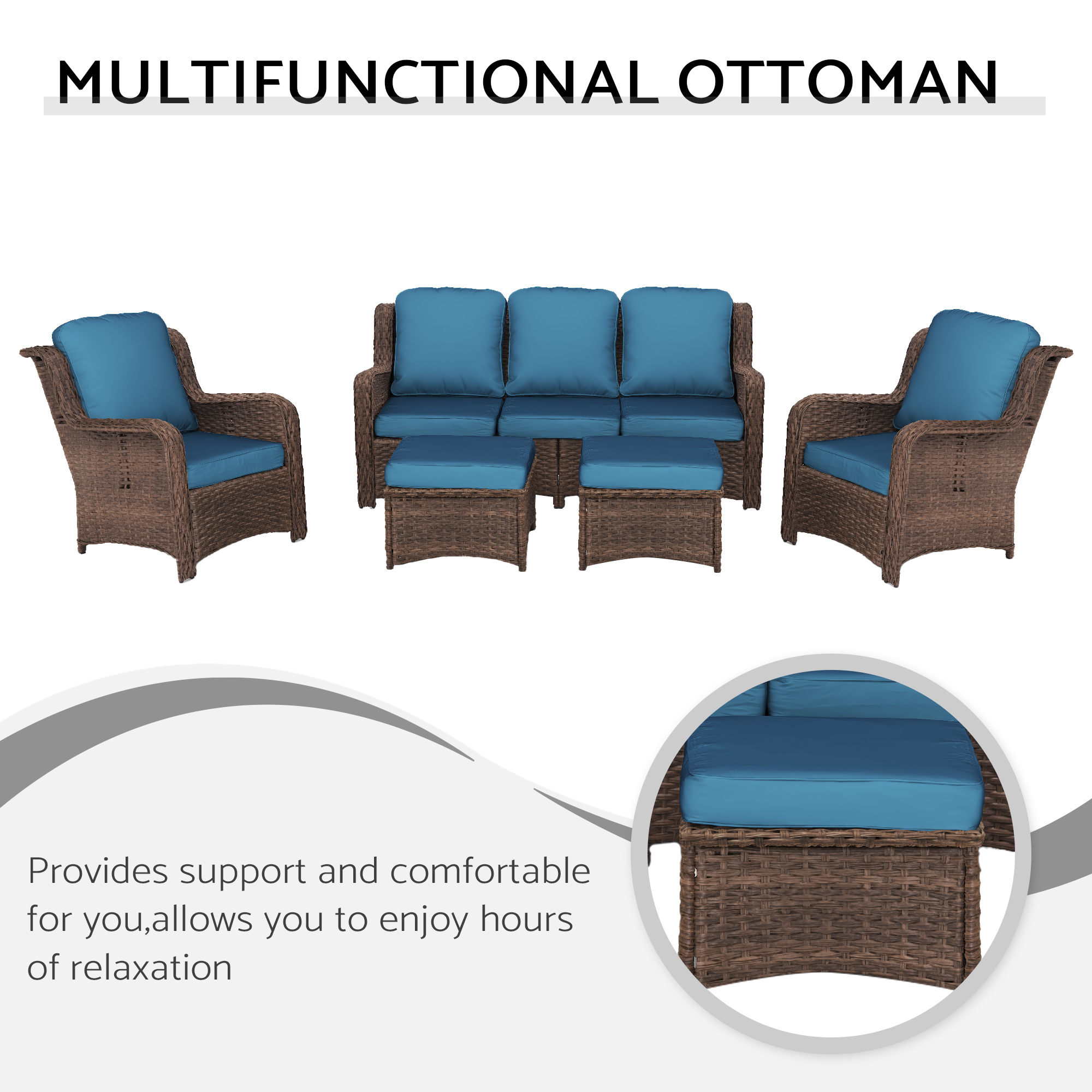 Patio Furniture Set Rattan Outdoor Sectional Conversation Sets 3-Seat Outdoor Couch,2 Single Chair and 2 Ottoman for Lawn, Balcony, Garden, Backyard (Bron-Peacock Blue, Set of 5) - Image 5