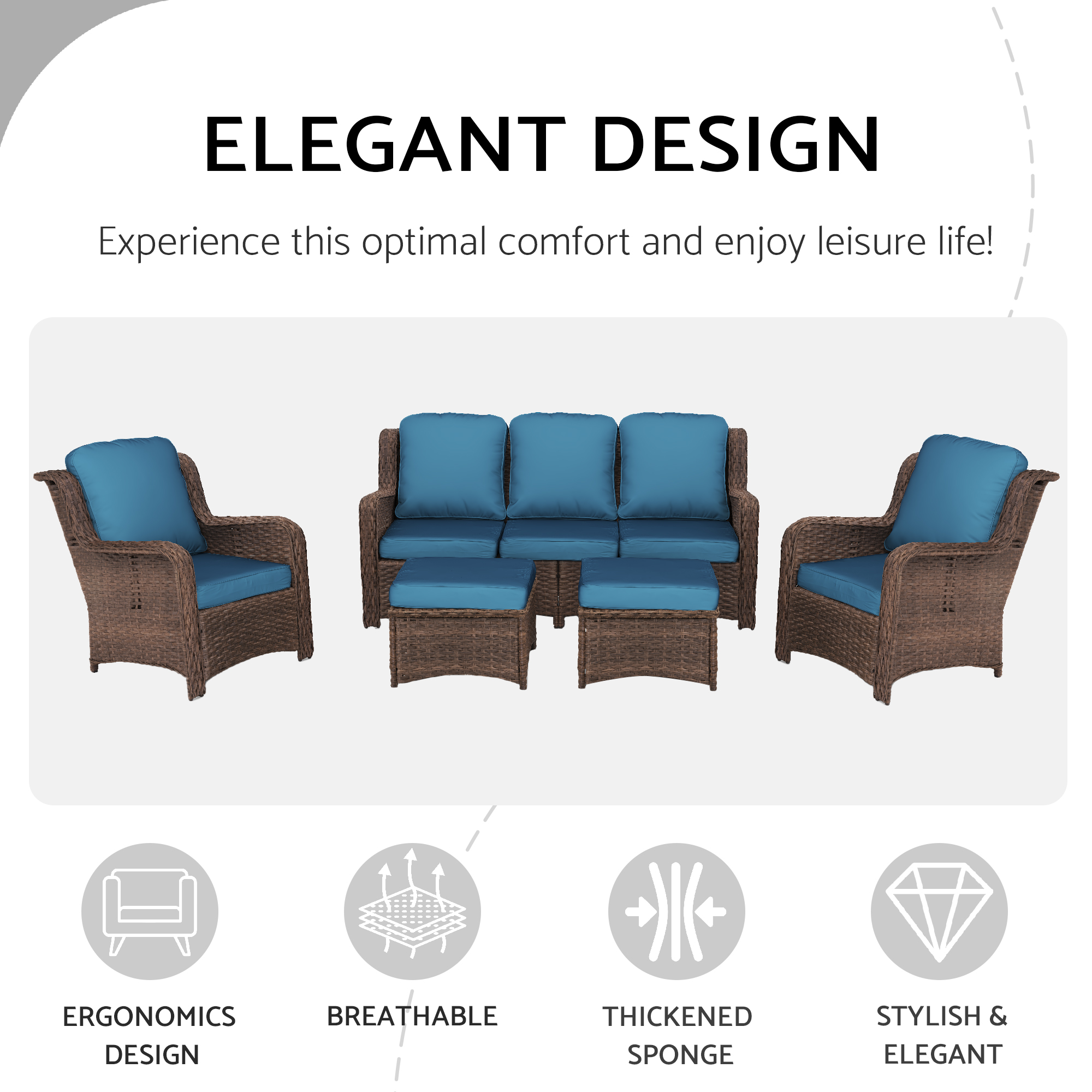 Patio Furniture Set Rattan Outdoor Sectional Conversation Sets 3-Seat Outdoor Couch,2 Single Chair and 2 Ottoman for Lawn, Balcony, Garden, Backyard (Bron-Peacock Blue, Set of 5) - Image 6