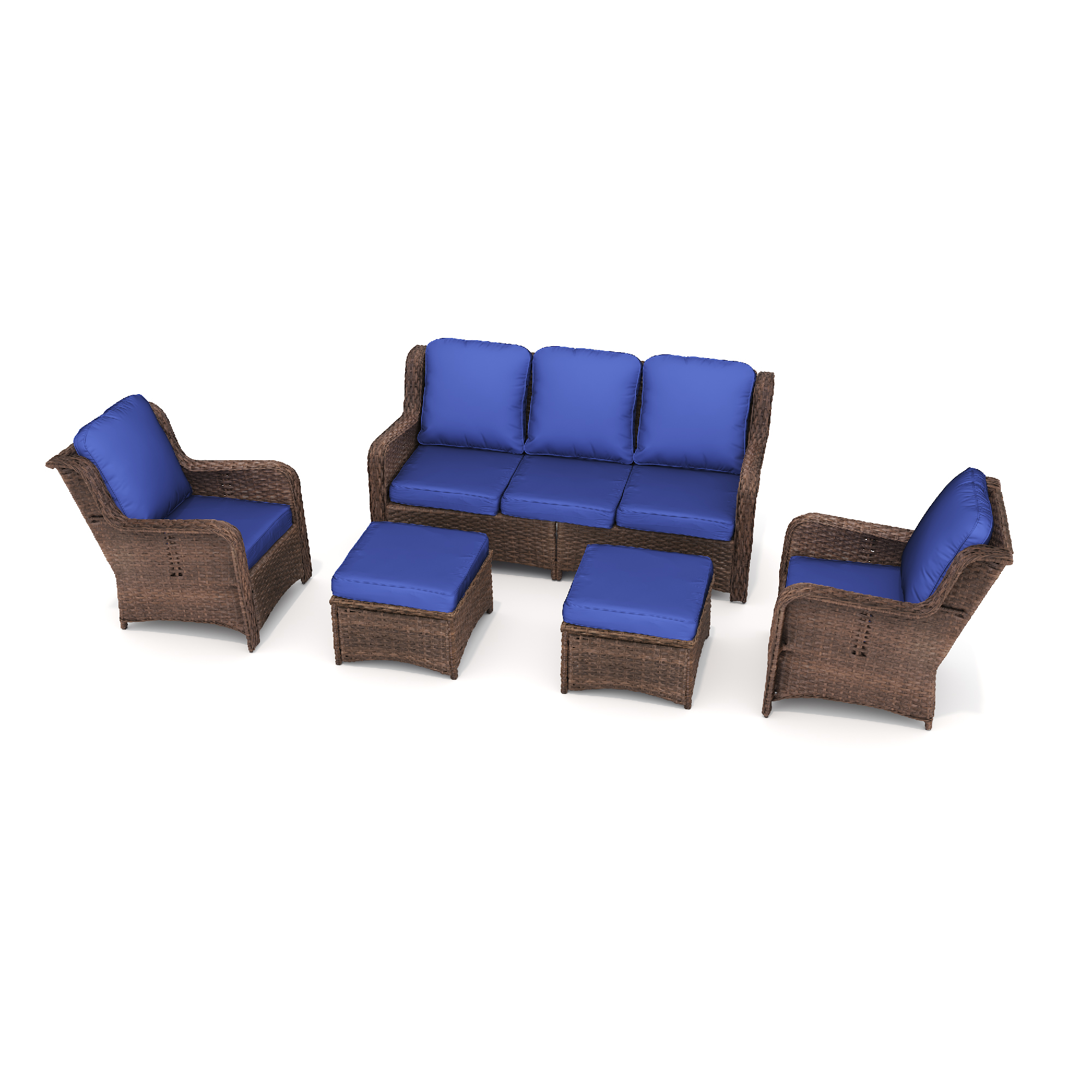 Patio Furniture Set Rattan Outdoor Sectional Conversation Sets 3-Seat Outdoor Couch,2 Single Chair and 2 Ottoman for Lawn, Balcony, Garden, Backyard (Gray-Navy, Set of 5) - Image 2