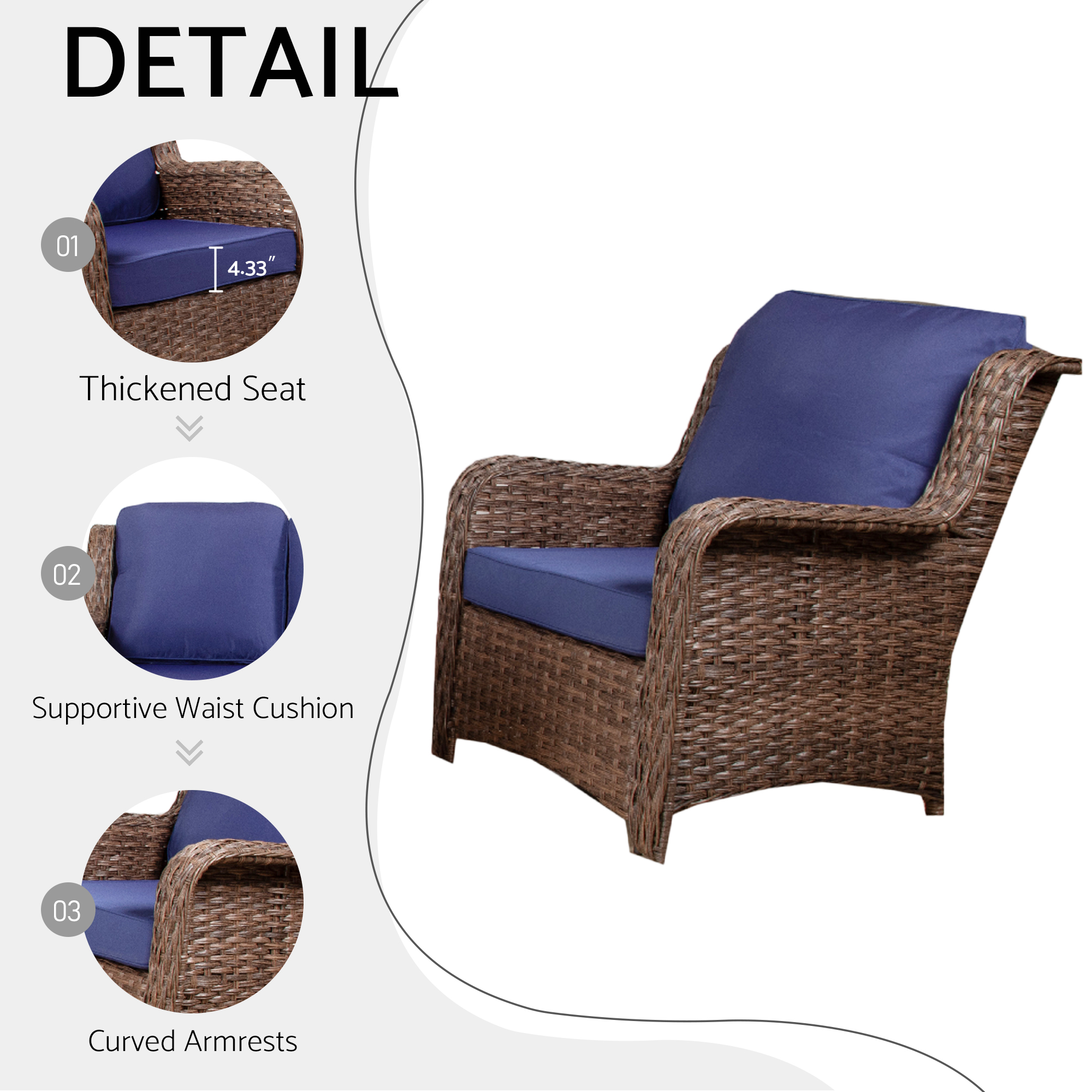Patio Furniture Set Rattan Outdoor Sectional Conversation Sets 3-Seat Outdoor Couch,2 Single Chair and 2 Ottoman for Lawn, Balcony, Garden, Backyard (Gray-Navy, Set of 5) - Image 4