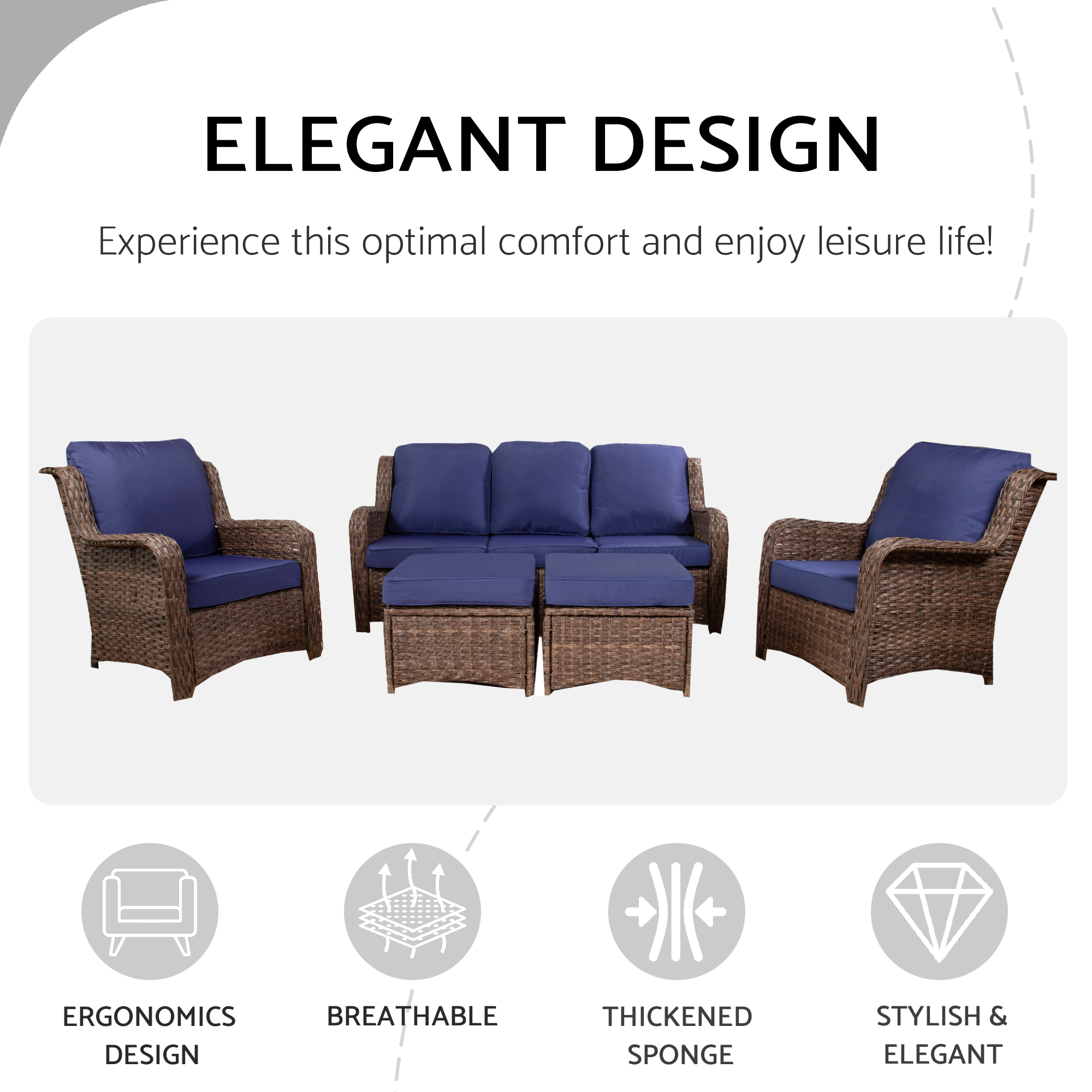 Patio Furniture Set Rattan Outdoor Sectional Conversation Sets 3-Seat Outdoor Couch,2 Single Chair and 2 Ottoman for Lawn, Balcony, Garden, Backyard (Gray-Navy, Set of 5) - Image 5