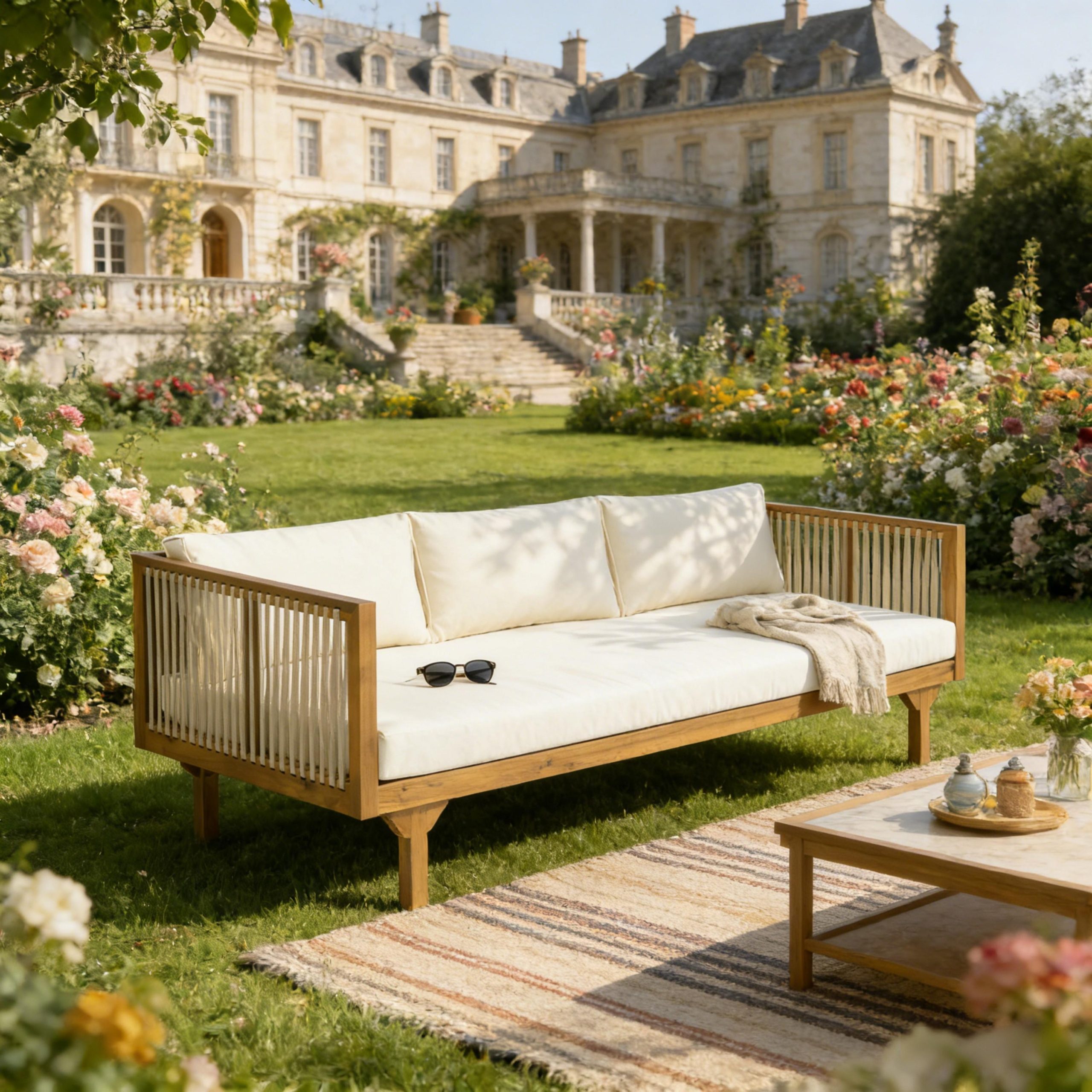 Outdoor Patio Sofa with Beige Cushions & Light Brown Rope, Acacia Wood Teak Finish, Water Repellent Fabric, 600 lbs Capacity, for Garden, Deck, or Backyard - Image 3