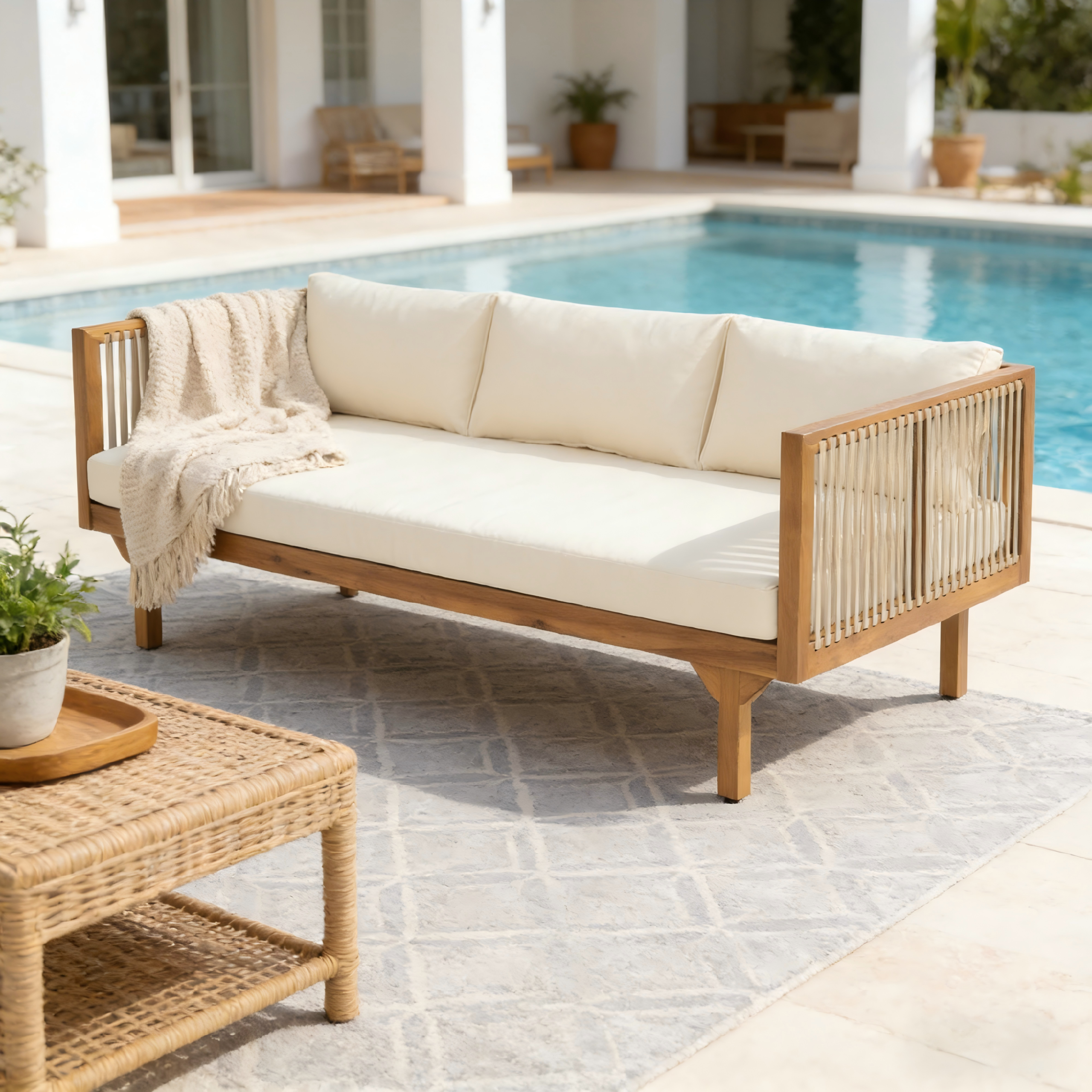 Outdoor Patio Sofa with Beige Cushions & Light Brown Rope, Acacia Wood Teak Finish, Water Repellent Fabric, 600 lbs Capacity, for Garden, Deck, or Backyard - Image 4