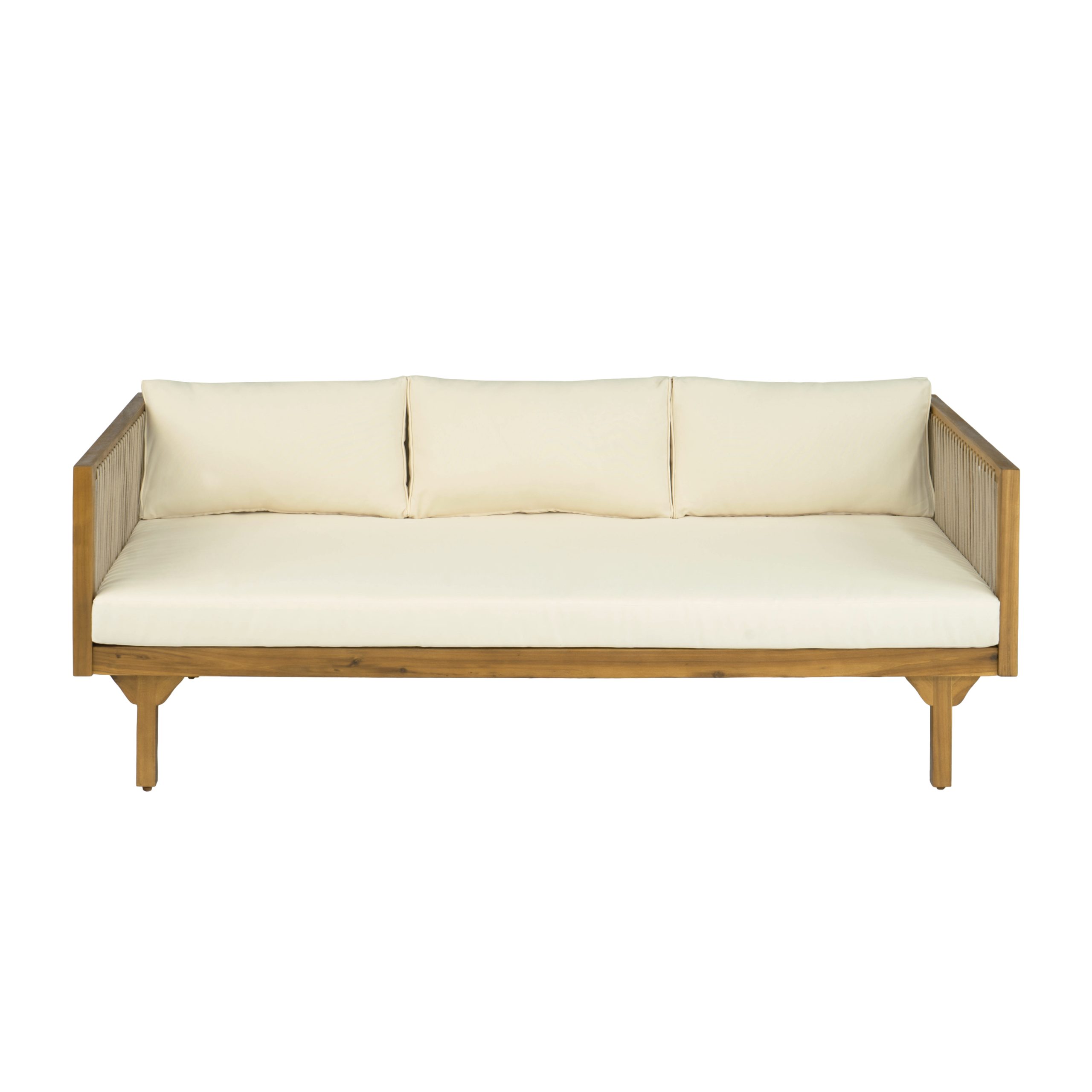 Outdoor Patio Sofa with Beige Cushions & Light Brown Rope, Acacia Wood Teak Finish, Water Repellent Fabric, 600 lbs Capacity, for Garden, Deck, or Backyard - Image 5