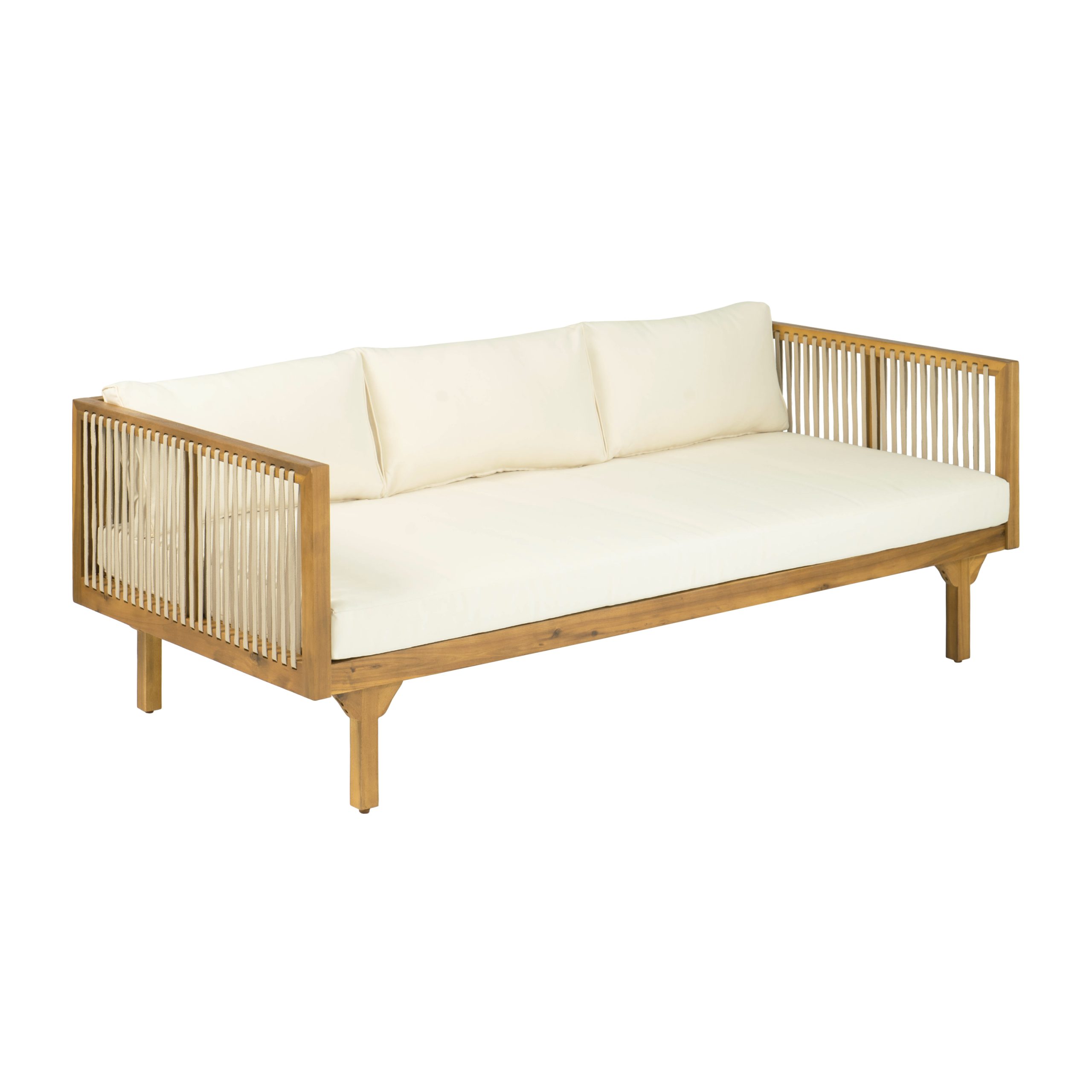 Outdoor Patio Sofa with Beige Cushions & Light Brown Rope, Acacia Wood Teak Finish, Water Repellent Fabric, 600 lbs Capacity, for Garden, Deck, or Backyard - Image 6