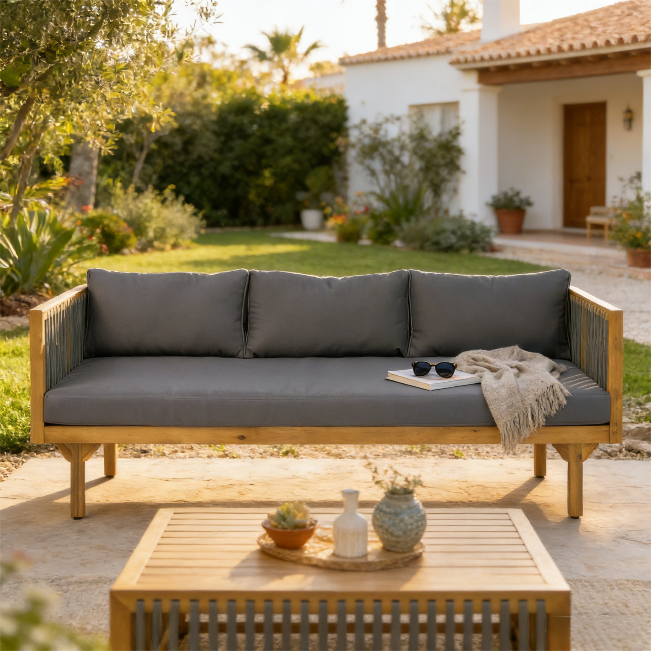 Outdoor Patio Sofa with Dark Grey Cushion & Grey rope, Acacia Wood Teak Finish, Water Repellent Fabric, 600 lbs Capacity, for Garden, Deck, or Backyard - Image 3