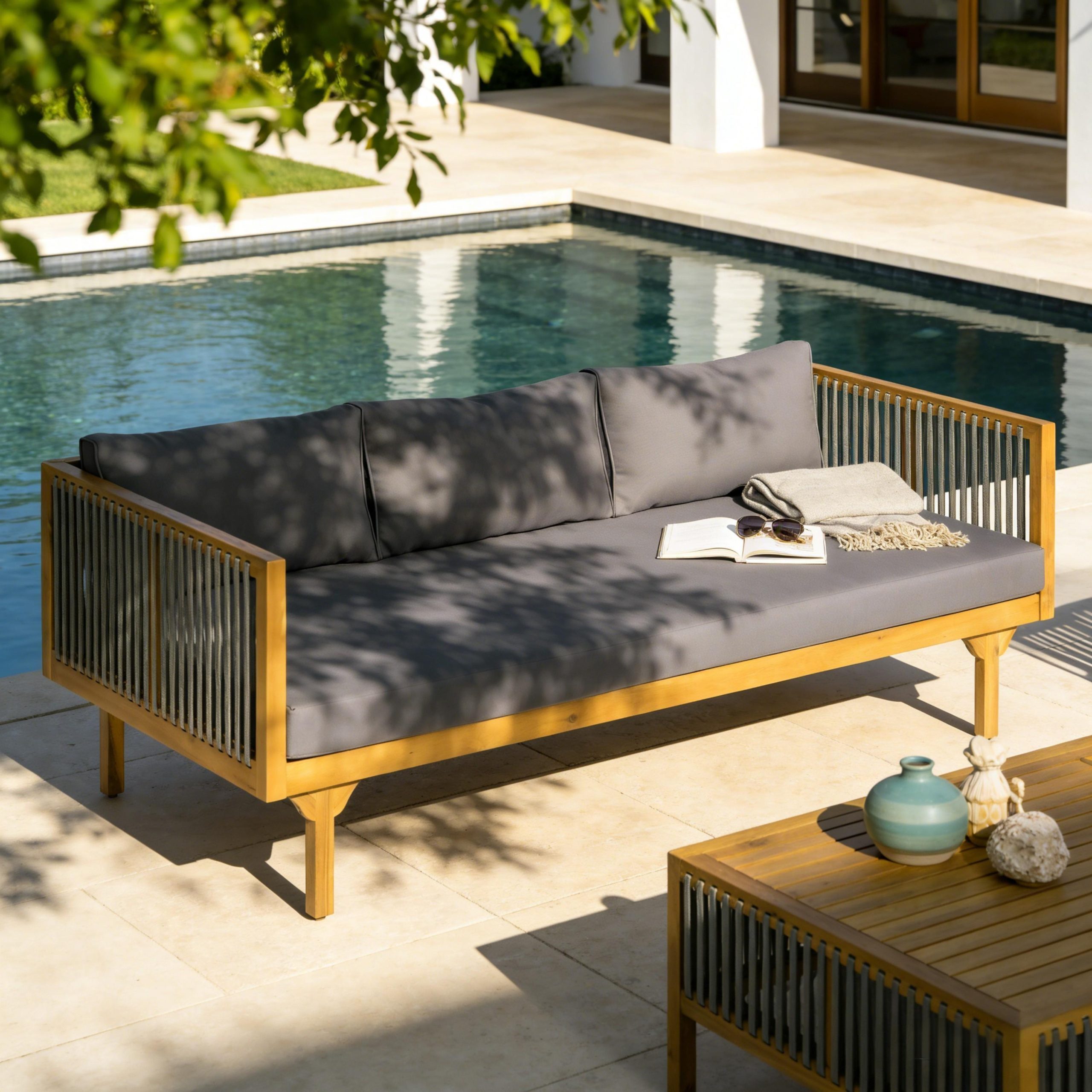 Outdoor Patio Sofa with Dark Grey Cushion & Grey rope, Acacia Wood Teak Finish, Water Repellent Fabric, 600 lbs Capacity, for Garden, Deck, or Backyard - Image 4