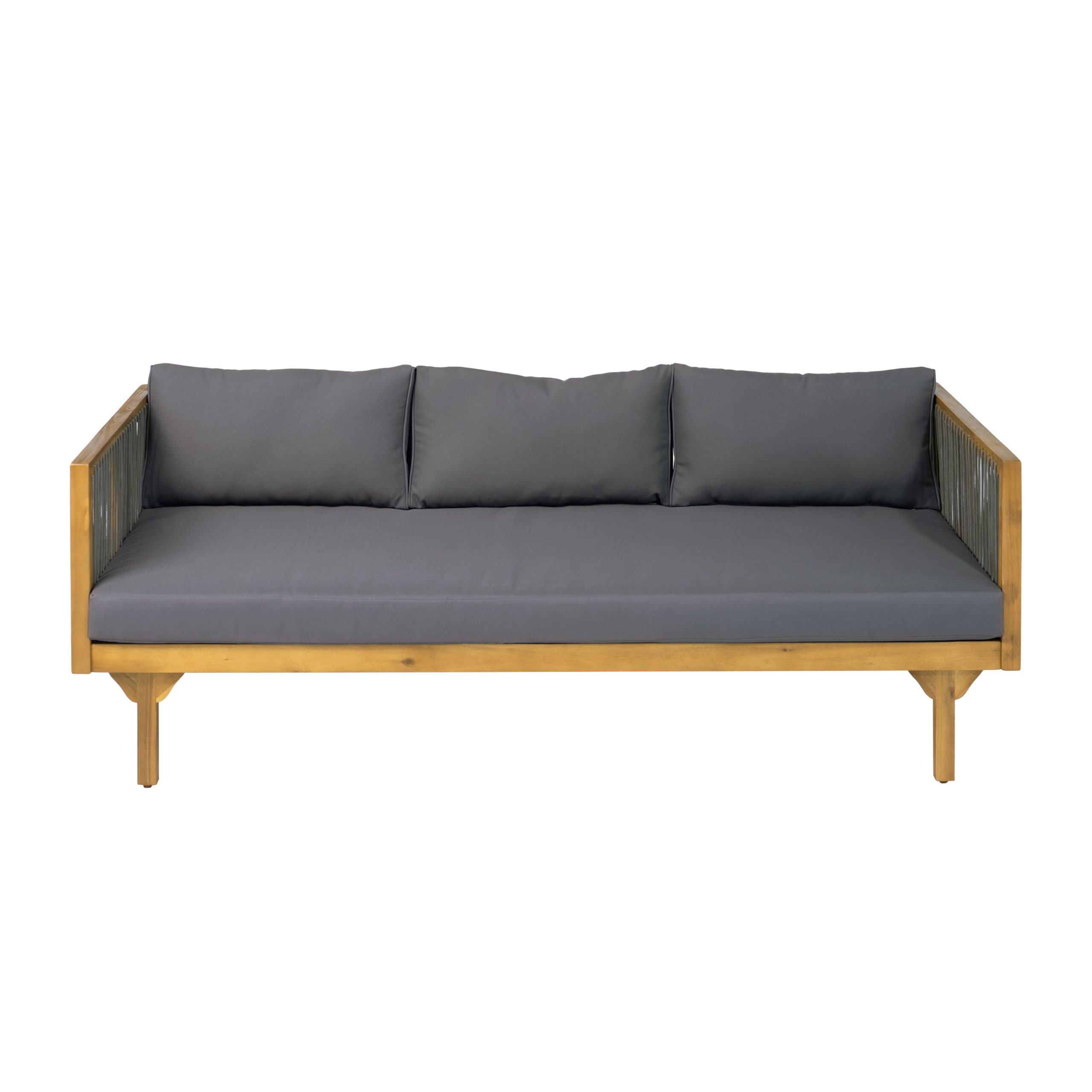 Outdoor Patio Sofa with Dark Grey Cushion & Grey rope, Acacia Wood Teak Finish, Water Repellent Fabric, 600 lbs Capacity, for Garden, Deck, or Backyard - Image 5