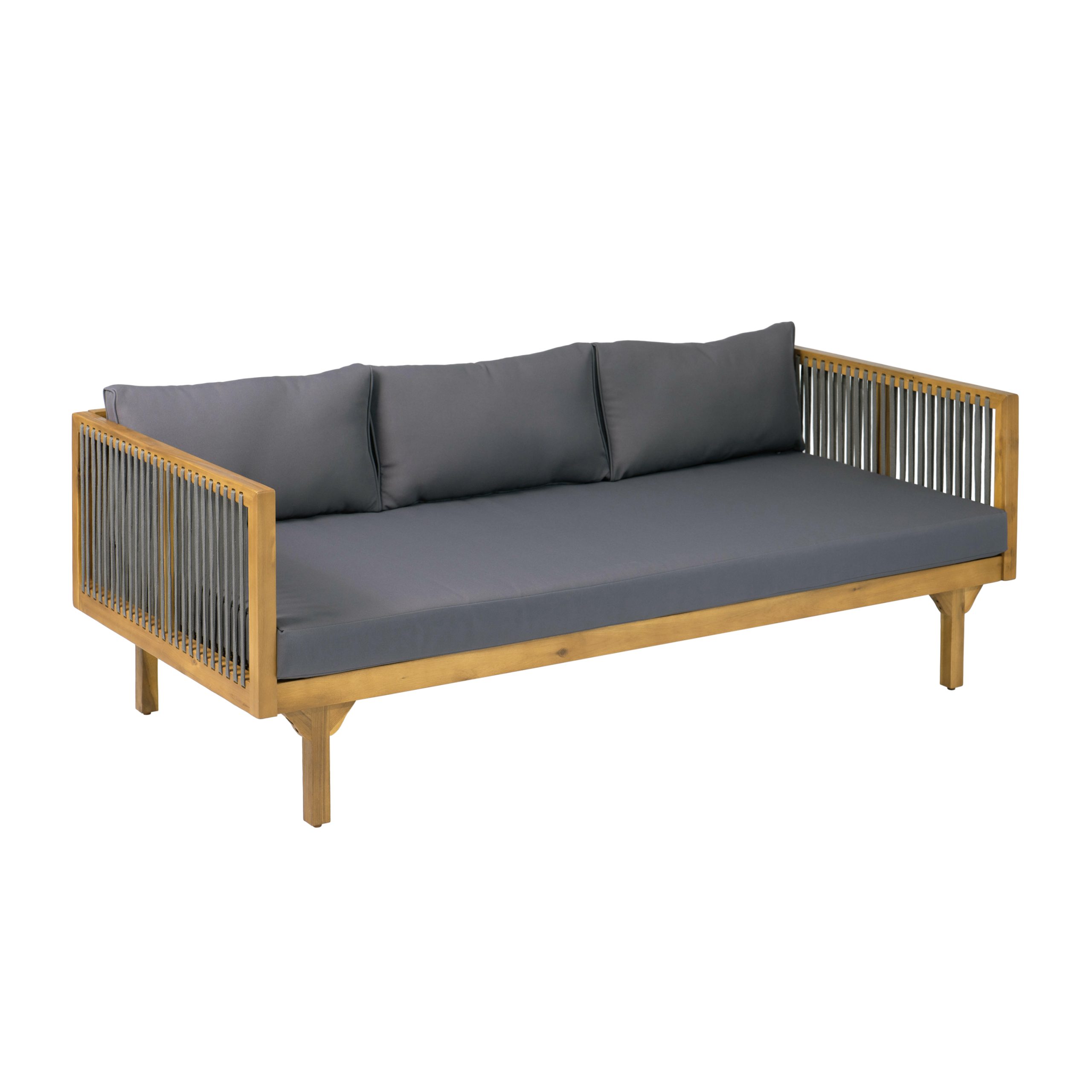 Outdoor Patio Sofa with Dark Grey Cushion & Grey rope, Acacia Wood Teak Finish, Water Repellent Fabric, 600 lbs Capacity, for Garden, Deck, or Backyard - Image 6