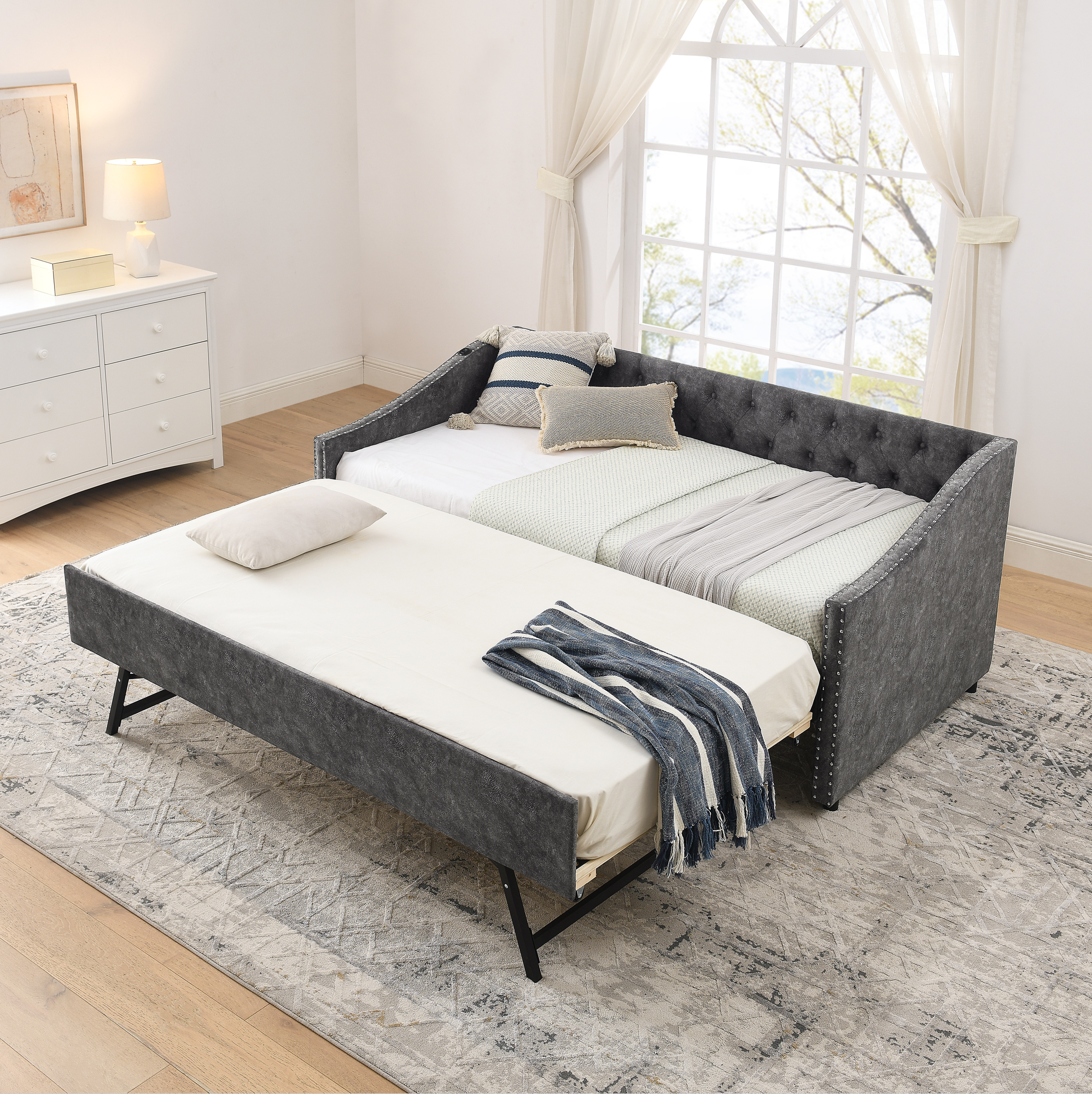 Twin Size Daybed with USB Charging & Pull-out Extendable Bed, with Button on Back and Copper Nail on Waved Shape Arms (81"x42"x30.75") - Image 2
