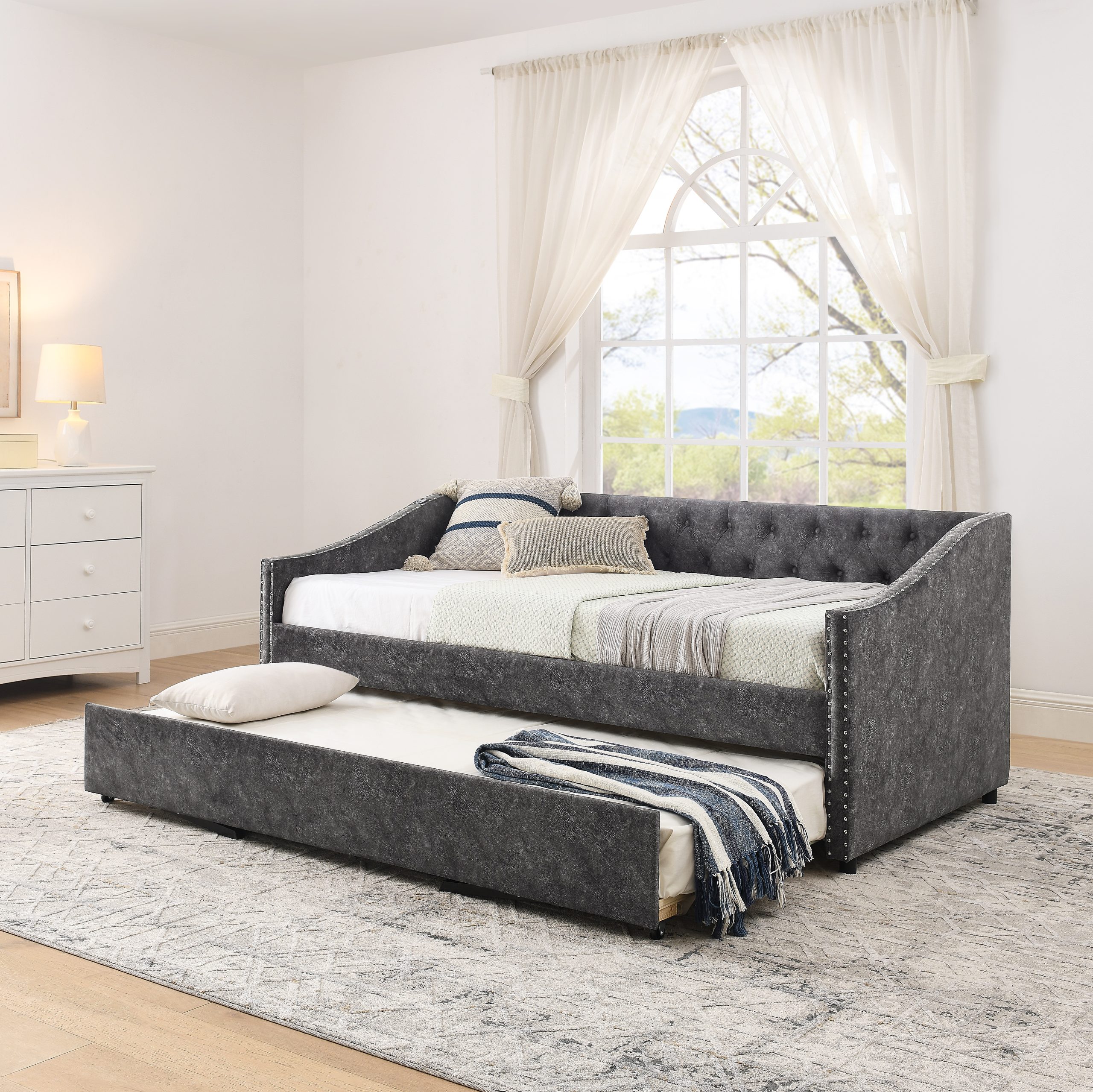 Twin Size Daybed with USB Charging & Pull-out Extendable Bed, with Button on Back and Copper Nail on Waved Shape Arms (81"x42"x30.75") - Image 3