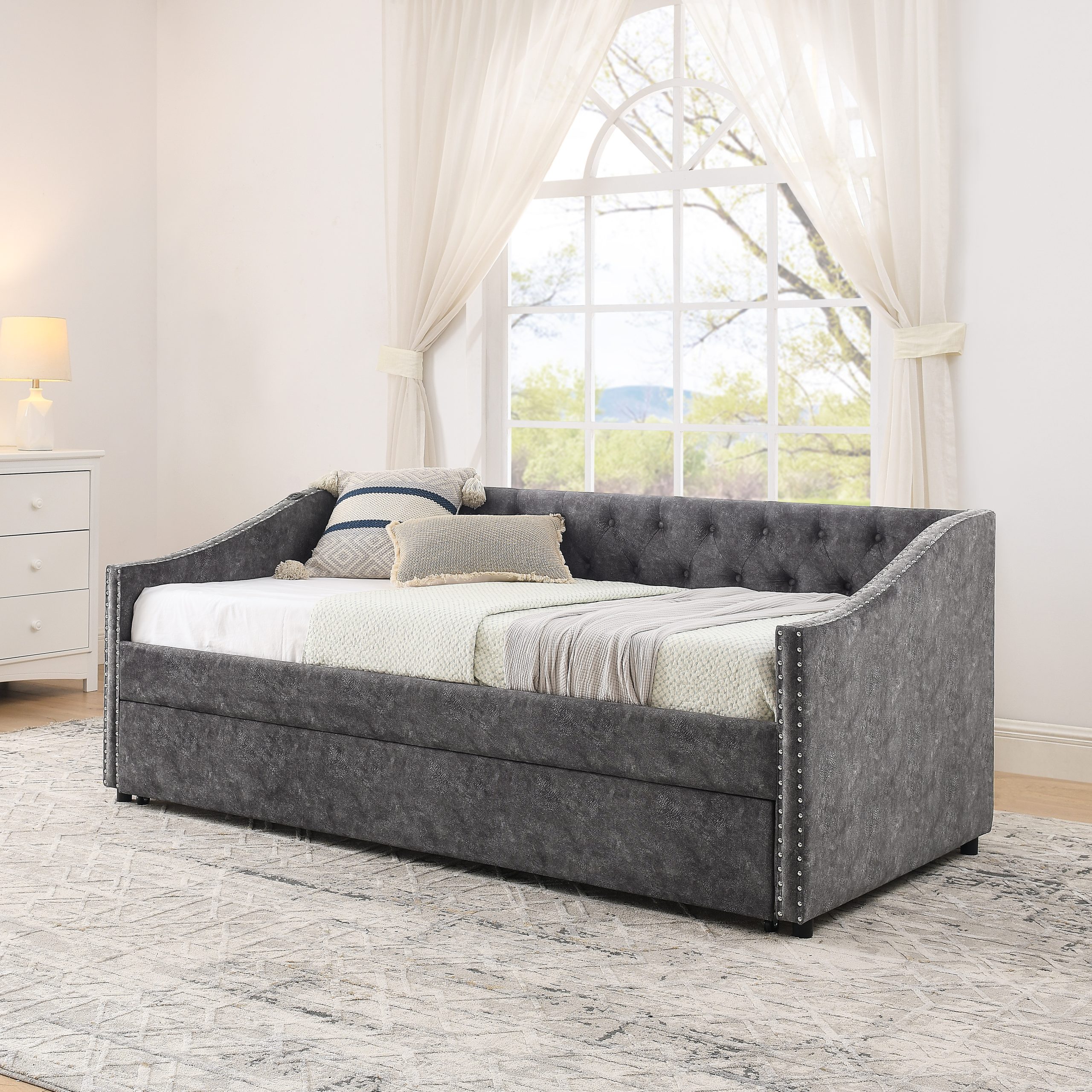 Twin Size Daybed with USB Charging & Pull-out Extendable Bed, with Button on Back and Copper Nail on Waved Shape Arms (81"x42"x30.75") - Image 4