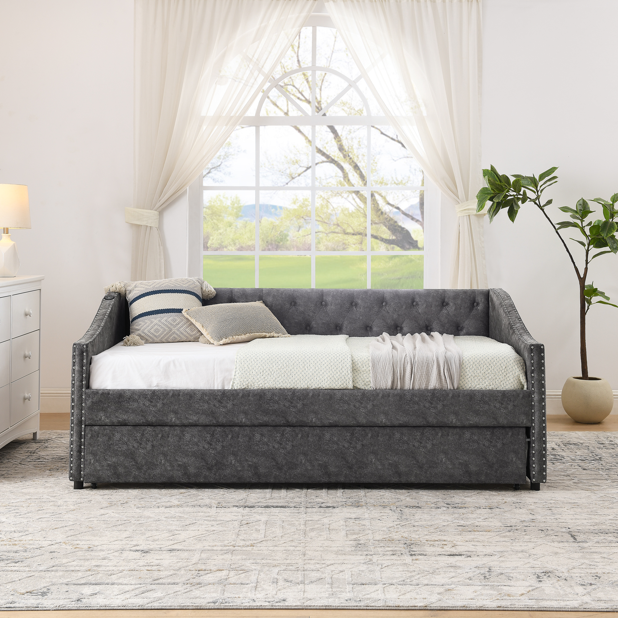 Twin Size Daybed with USB Charging & Pull-out Extendable Bed, with Button on Back and Copper Nail on Waved Shape Arms (81"x42"x30.75") - Image 5