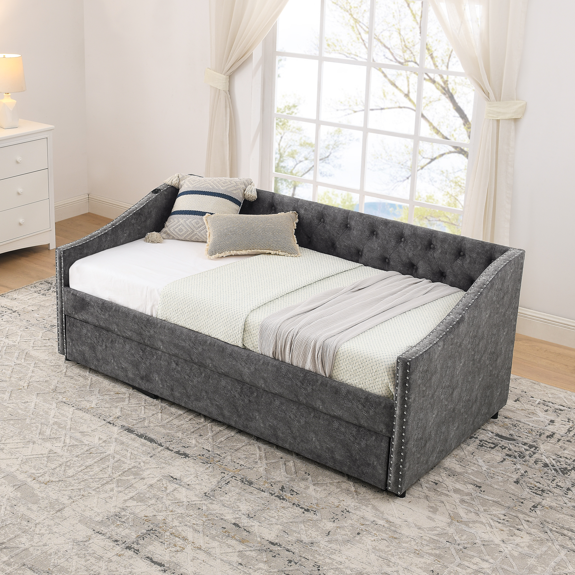 Twin Size Daybed with USB Charging & Pull-out Extendable Bed, with Button on Back and Copper Nail on Waved Shape Arms (81"x42"x30.75") - Image 6