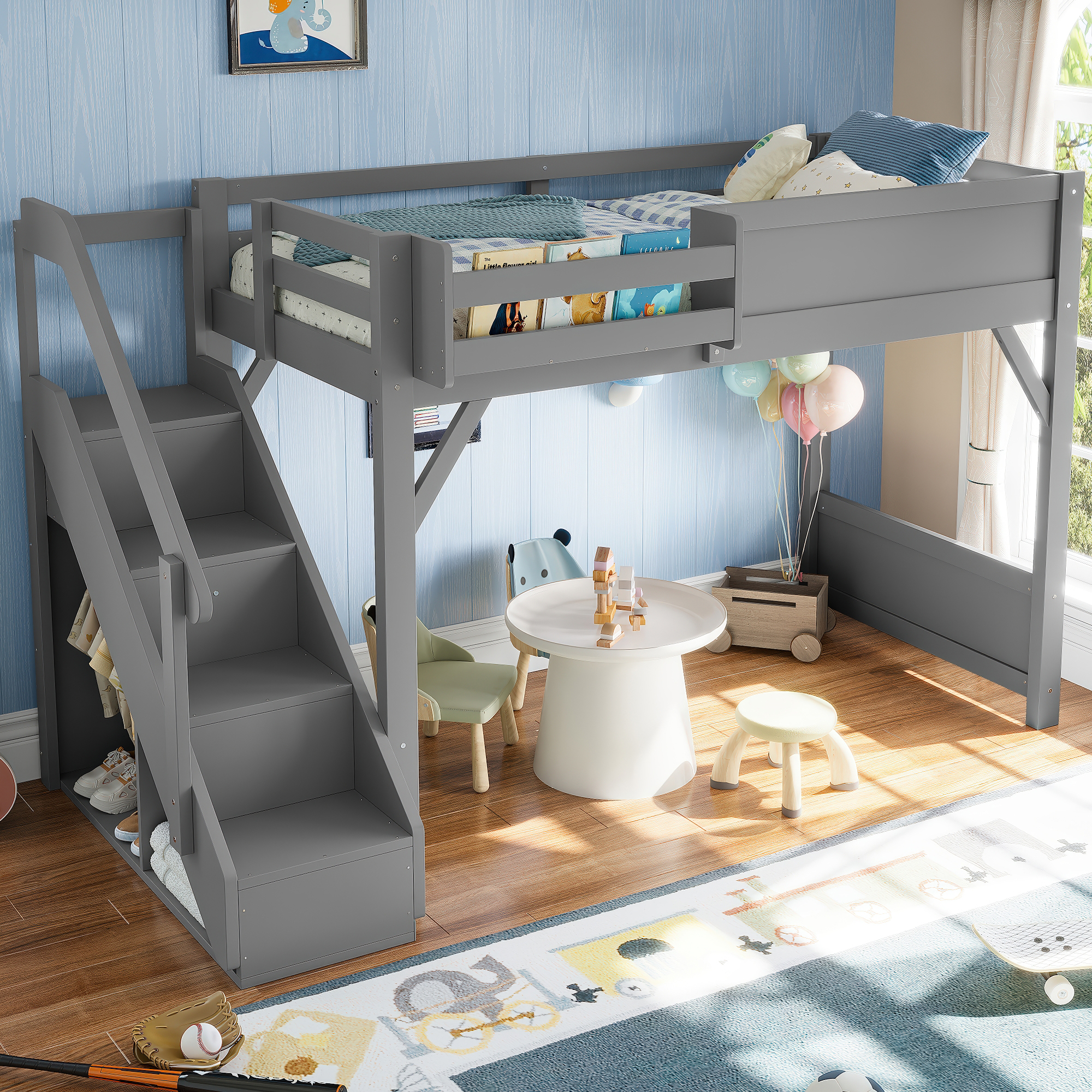 Twin Size Loft Bed with Built-in Wardrobe and Storage Space, Solid Wood Loft Bed with Beside Shelves, Full-length Guardrails and Stairs, No Box Spring Needed, Gray - Image 2