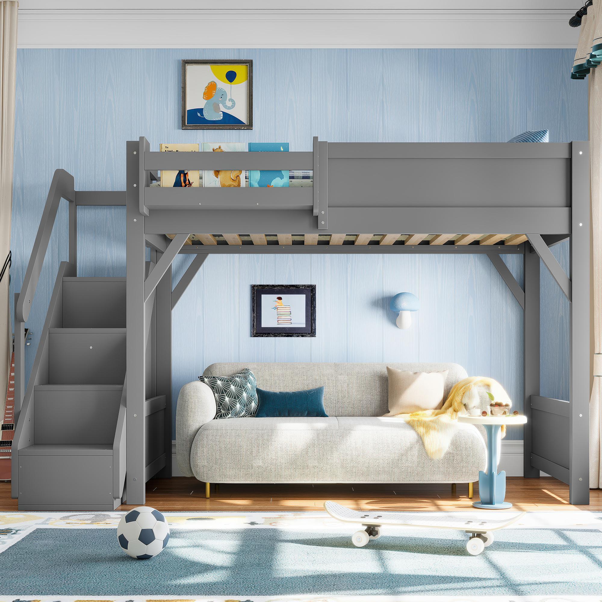 Twin Size Loft Bed with Built-in Wardrobe and Storage Space, Solid Wood Loft Bed with Beside Shelves, Full-length Guardrails and Stairs, No Box Spring Needed, Gray - Image 3