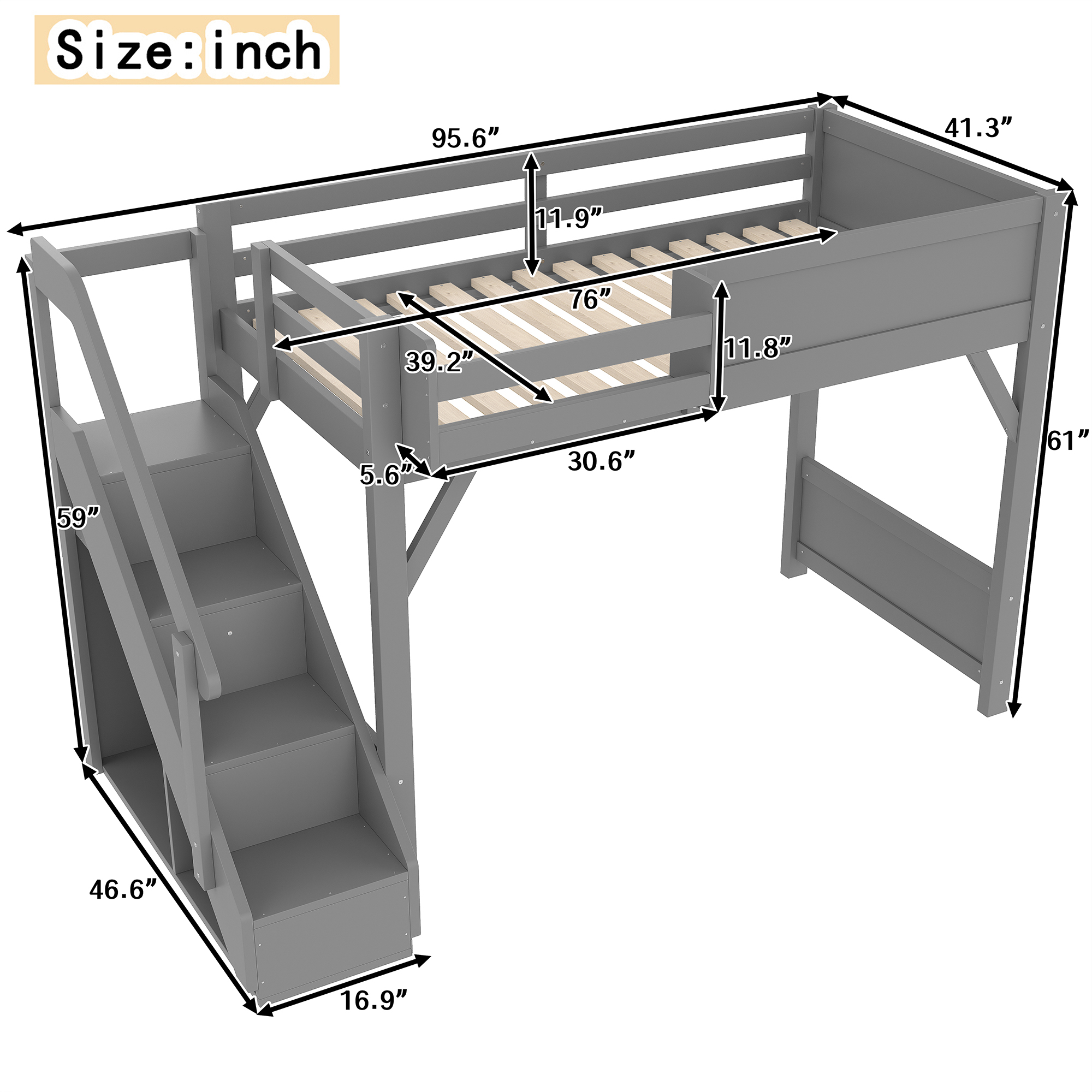 Twin Size Loft Bed with Built-in Wardrobe and Storage Space, Solid Wood Loft Bed with Beside Shelves, Full-length Guardrails and Stairs, No Box Spring Needed, Gray - Image 4