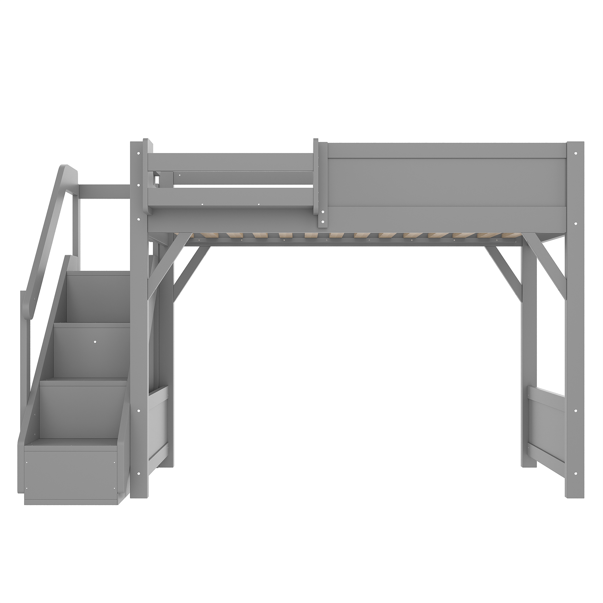 Twin Size Loft Bed with Built-in Wardrobe and Storage Space, Solid Wood Loft Bed with Beside Shelves, Full-length Guardrails and Stairs, No Box Spring Needed, Gray - Image 5