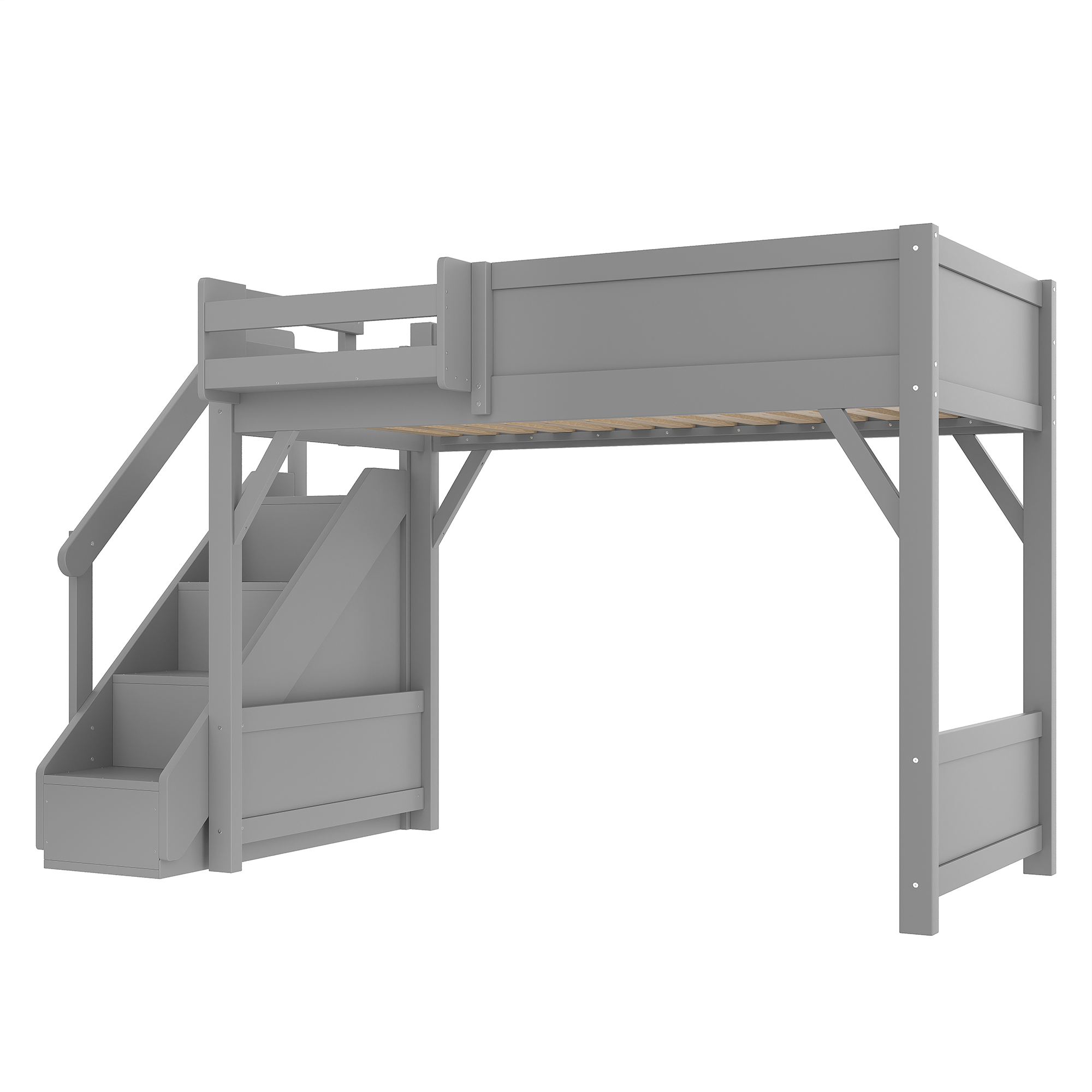 Twin Size Loft Bed with Built-in Wardrobe and Storage Space, Solid Wood Loft Bed with Beside Shelves, Full-length Guardrails and Stairs, No Box Spring Needed, Gray - Image 6