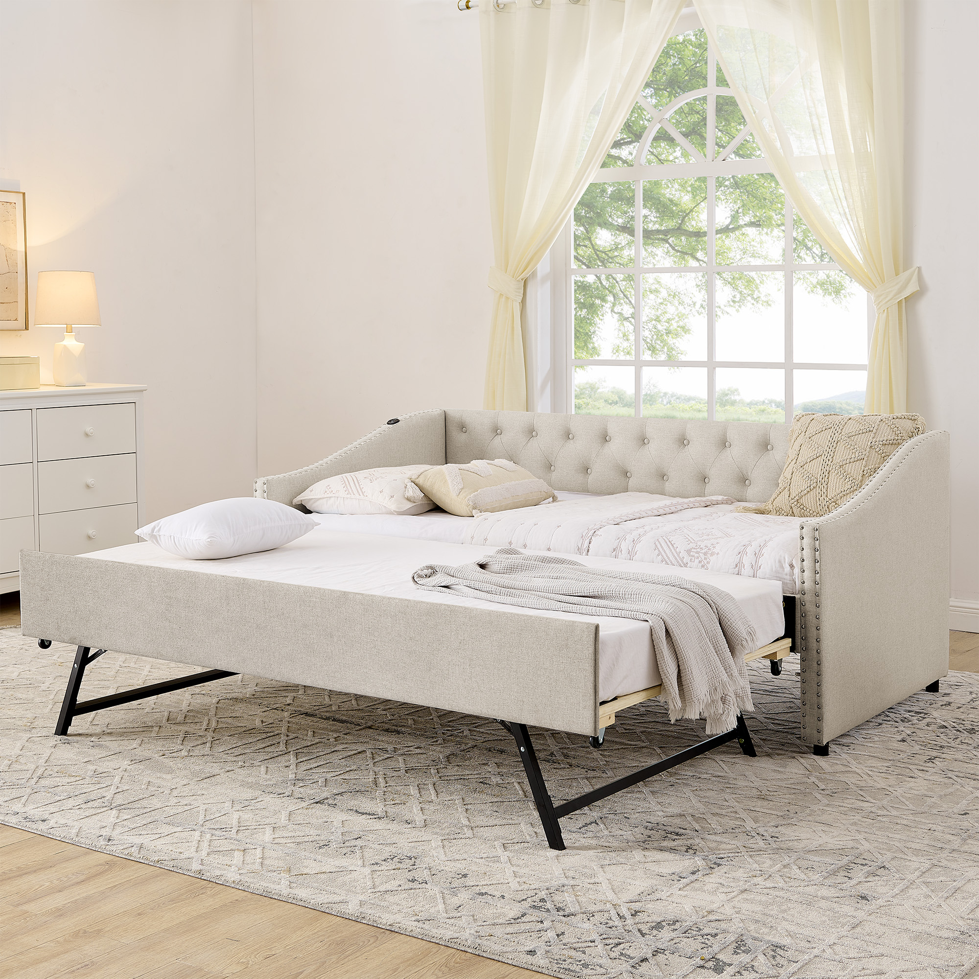 Twin Size Daybed with USB Charging & Pull-out Extendable Bed, with Button on Back and Copper Nail on Waved Shape Arms (81″x42″x30.75″)