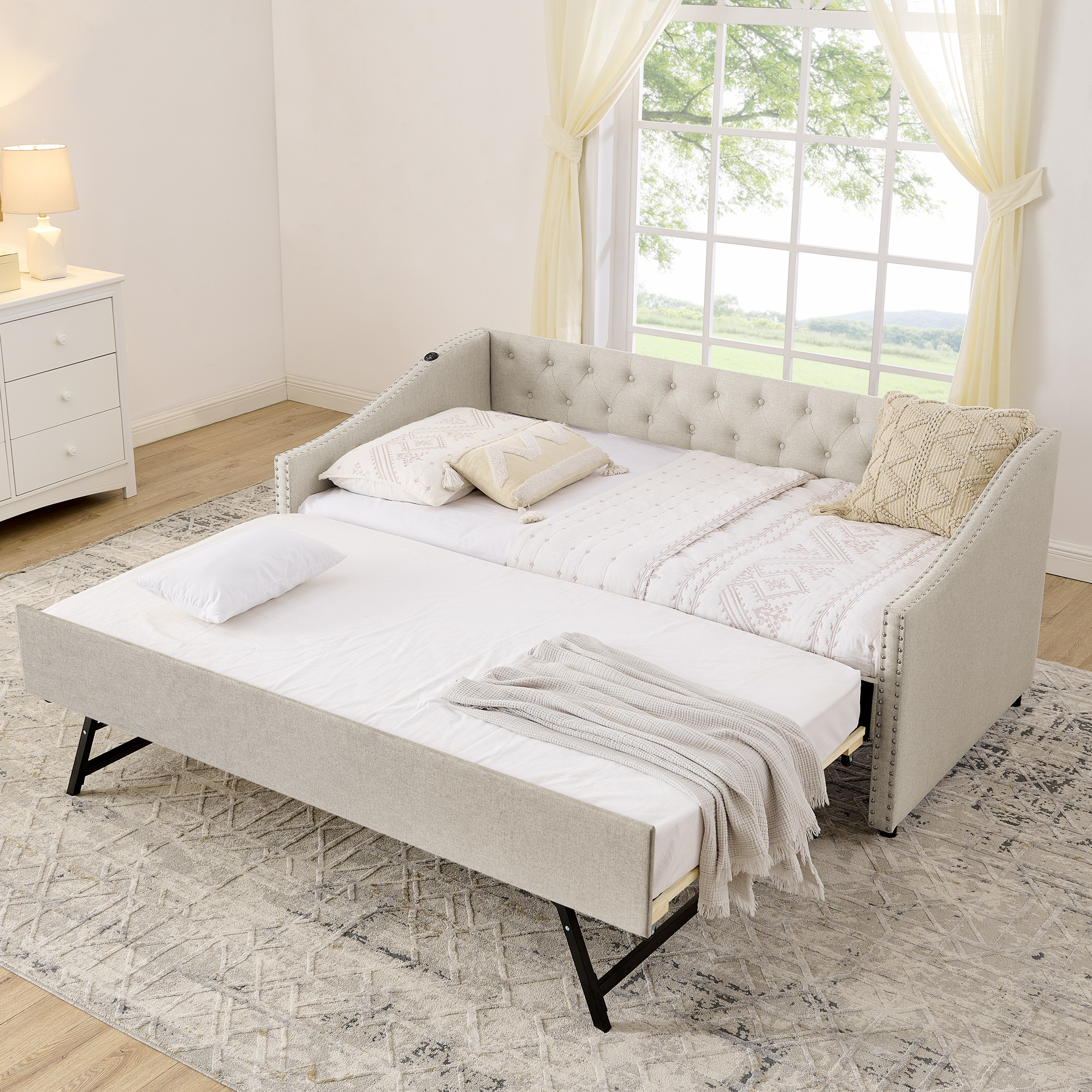 Twin Size Daybed with USB Charging & Pull-out Extendable Bed, with Button on Back and Copper Nail on Waved Shape Arms (81"x42"x30.75") - Image 2