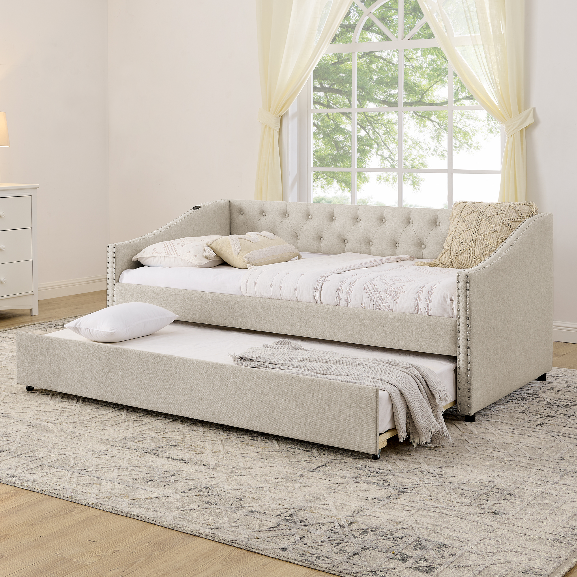 Twin Size Daybed with USB Charging & Pull-out Extendable Bed, with Button on Back and Copper Nail on Waved Shape Arms (81"x42"x30.75") - Image 3
