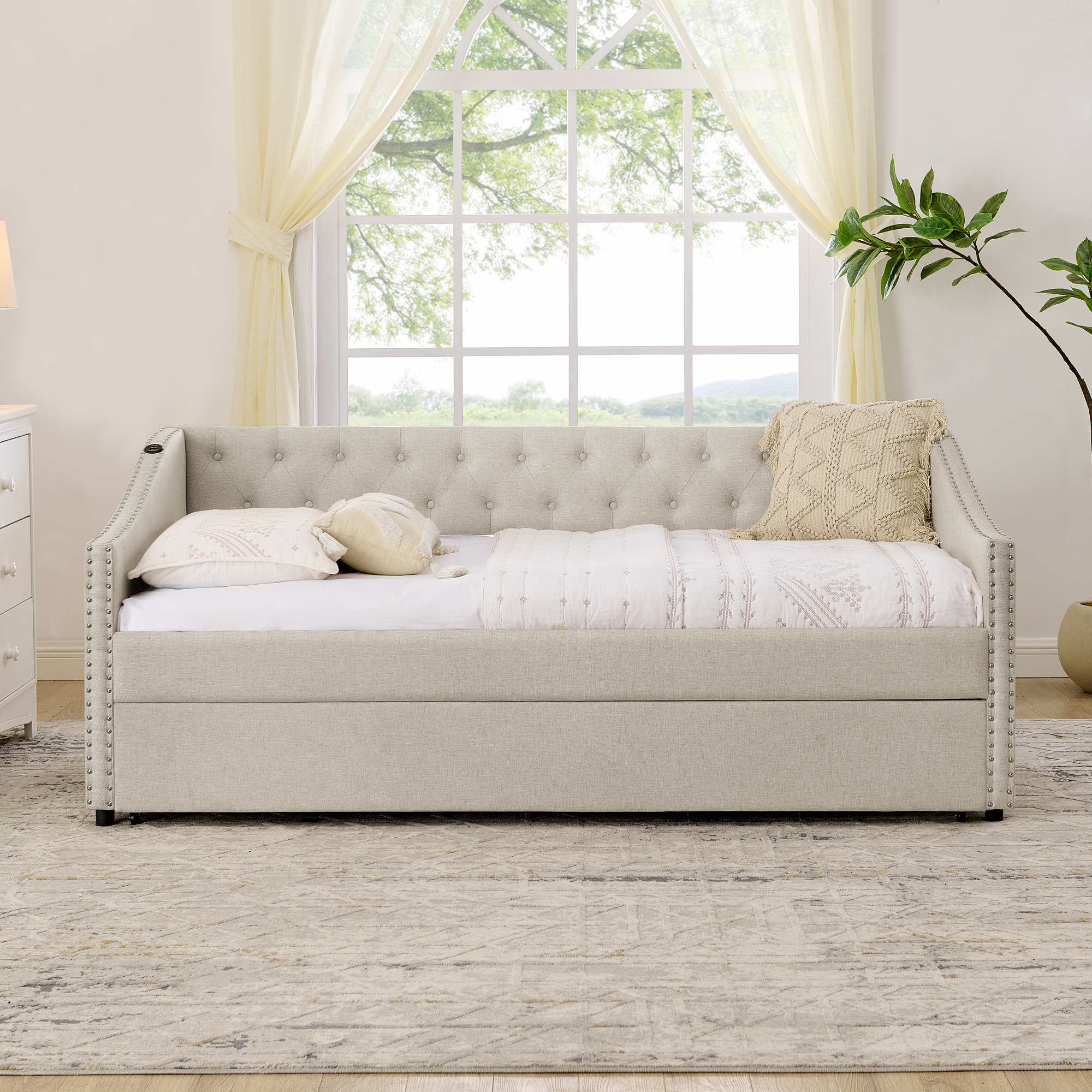 Twin Size Daybed with USB Charging & Pull-out Extendable Bed, with Button on Back and Copper Nail on Waved Shape Arms (81"x42"x30.75") - Image 4