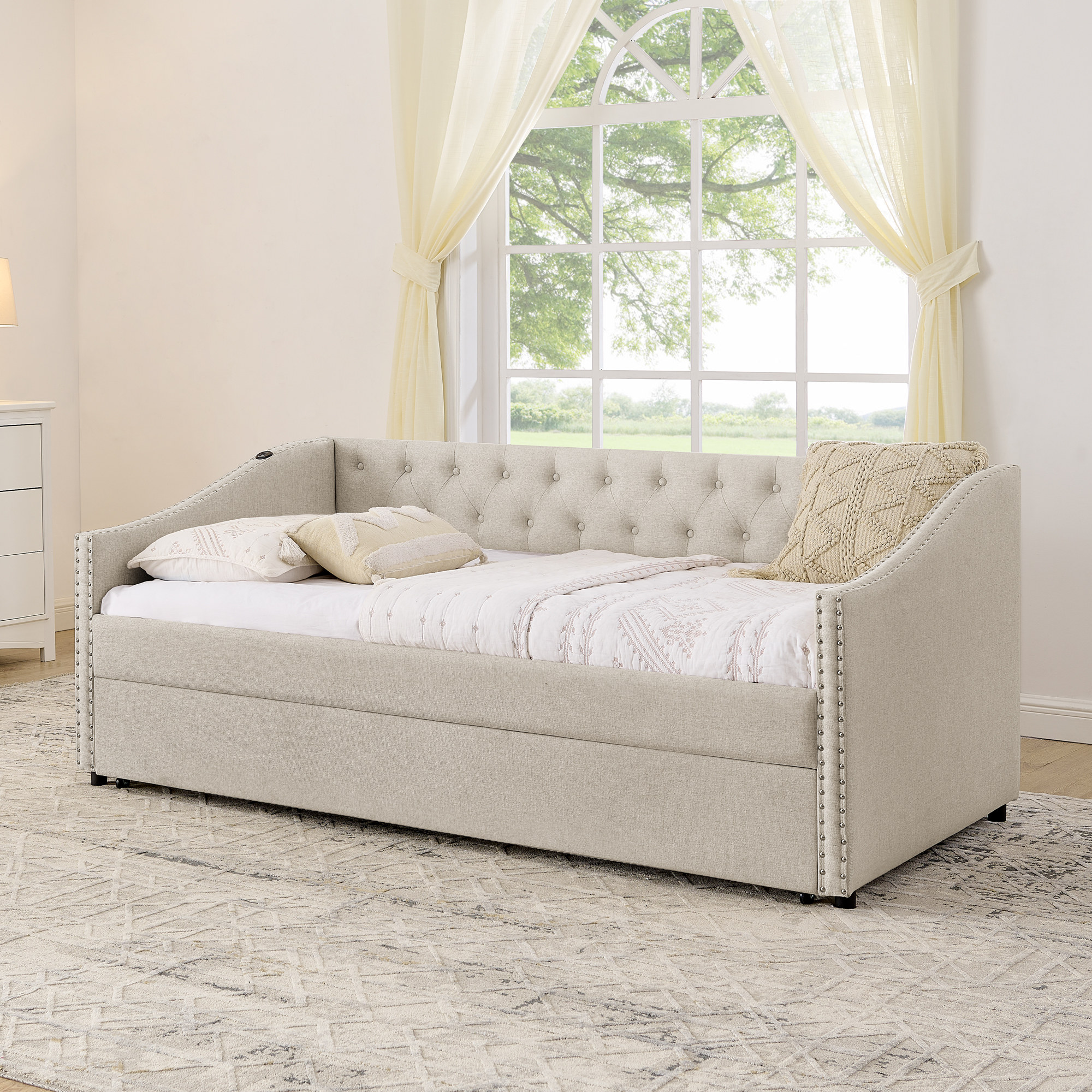 Twin Size Daybed with USB Charging & Pull-out Extendable Bed, with Button on Back and Copper Nail on Waved Shape Arms (81"x42"x30.75") - Image 5