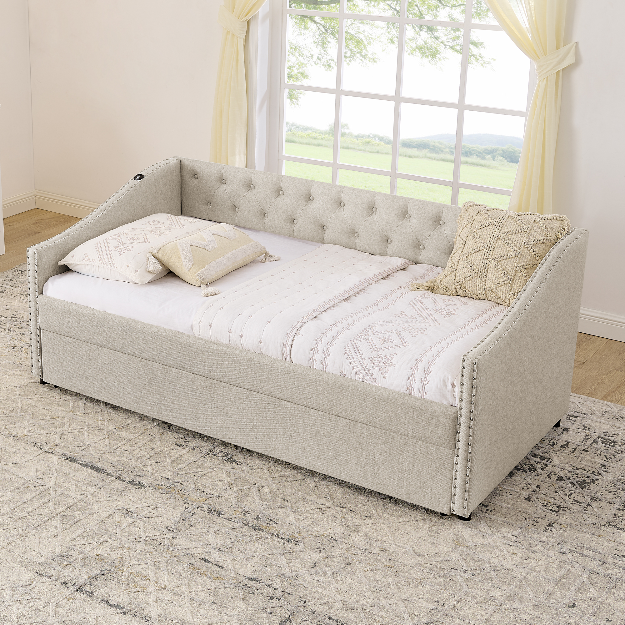 Twin Size Daybed with USB Charging & Pull-out Extendable Bed, with Button on Back and Copper Nail on Waved Shape Arms (81"x42"x30.75") - Image 6