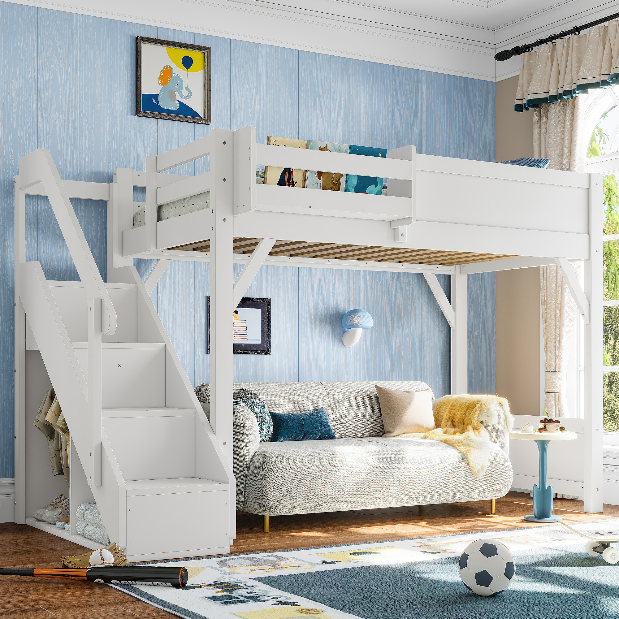 Twin Size Loft Bed with Built-in Wardrobe and Storage Space, Solid Wood Loft Bed with Beside Shelves, Full-length Guardrails and Stairs, No Box Spring Needed, White - Image 1