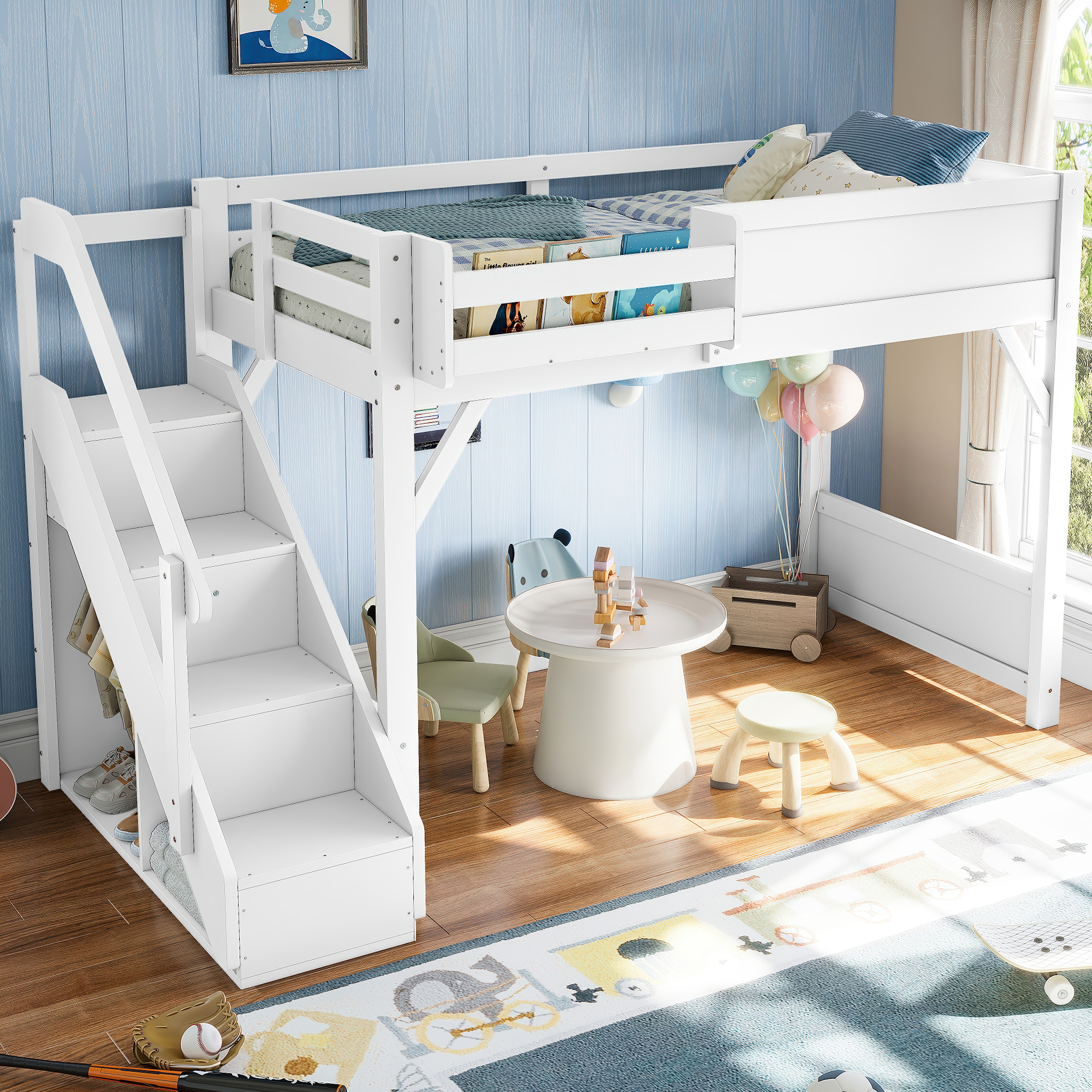 Twin Size Loft Bed with Built-in Wardrobe and Storage Space, Solid Wood Loft Bed with Beside Shelves, Full-length Guardrails and Stairs, No Box Spring Needed, White - Image 2