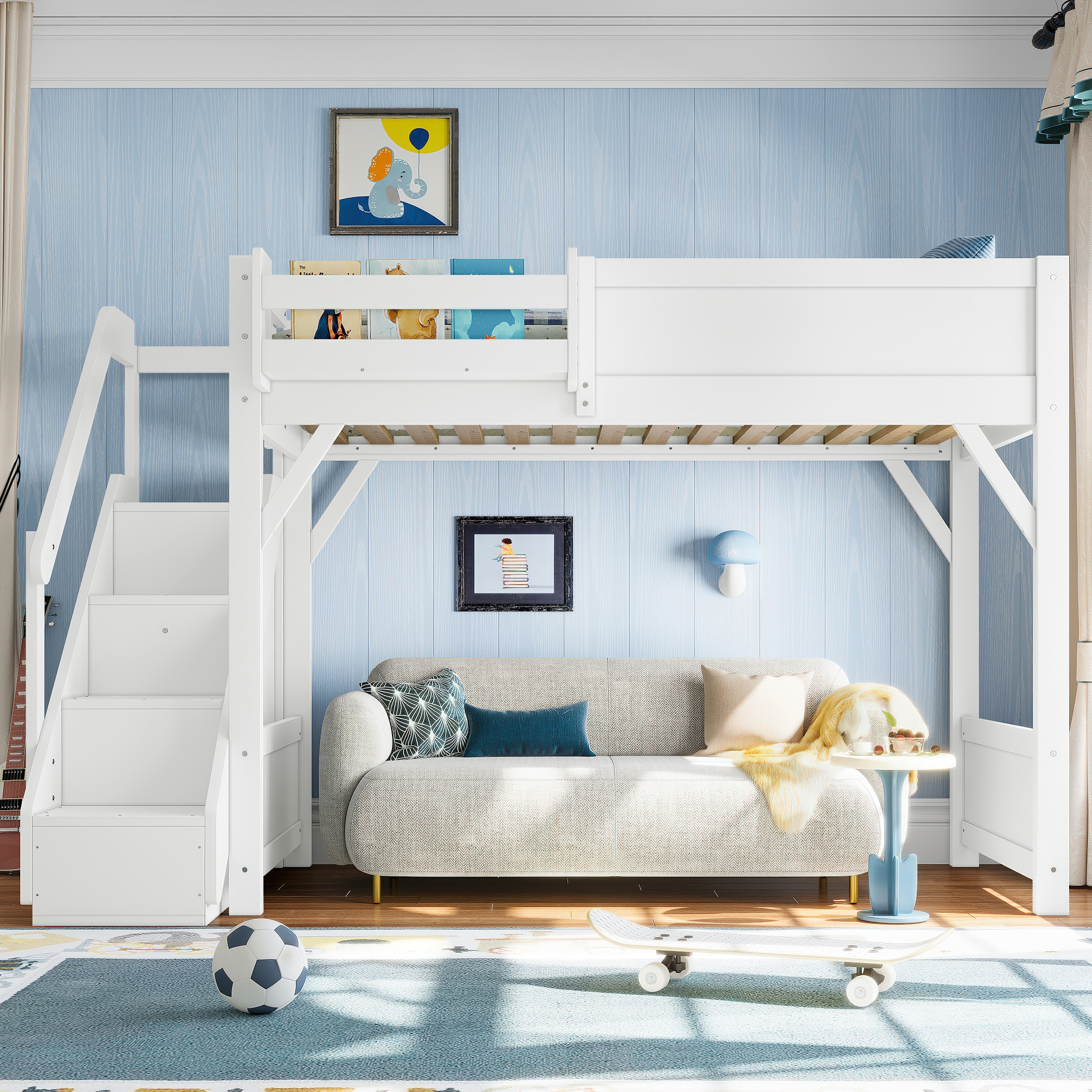 Twin Size Loft Bed with Built-in Wardrobe and Storage Space, Solid Wood Loft Bed with Beside Shelves, Full-length Guardrails and Stairs, No Box Spring Needed, White - Image 3