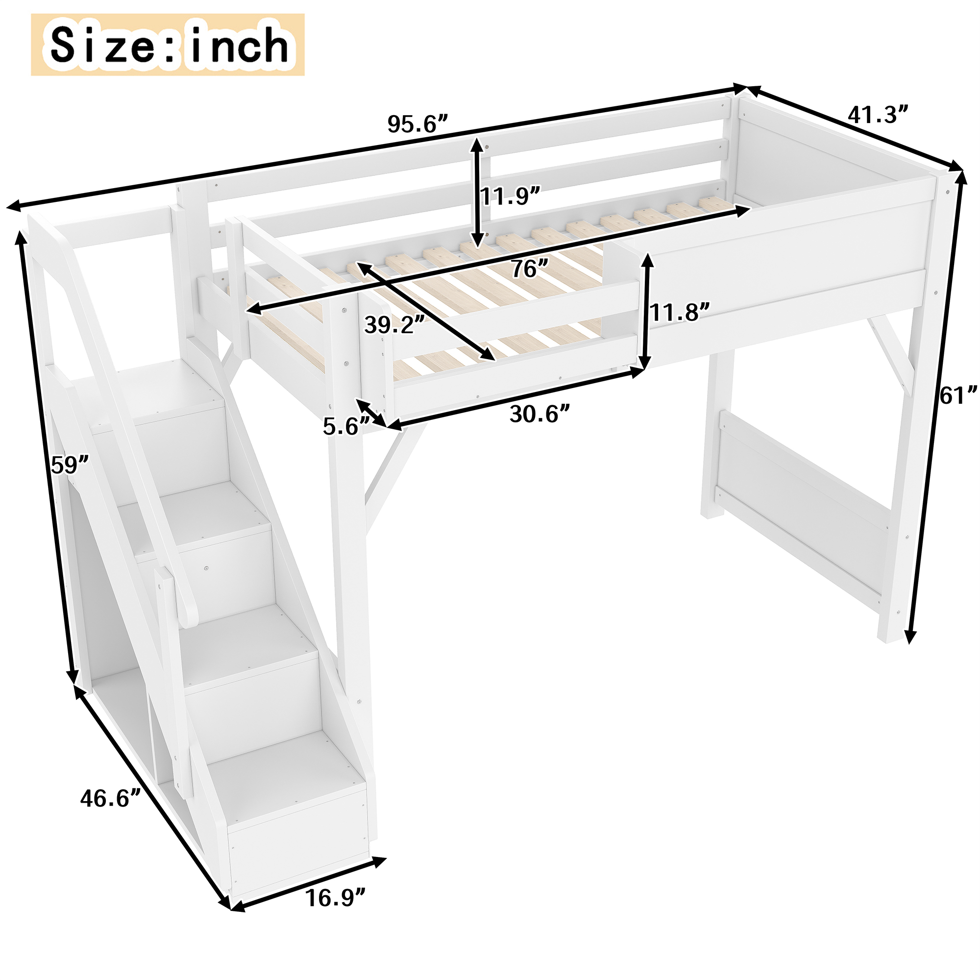 Twin Size Loft Bed with Built-in Wardrobe and Storage Space, Solid Wood Loft Bed with Beside Shelves, Full-length Guardrails and Stairs, No Box Spring Needed, White - Image 4