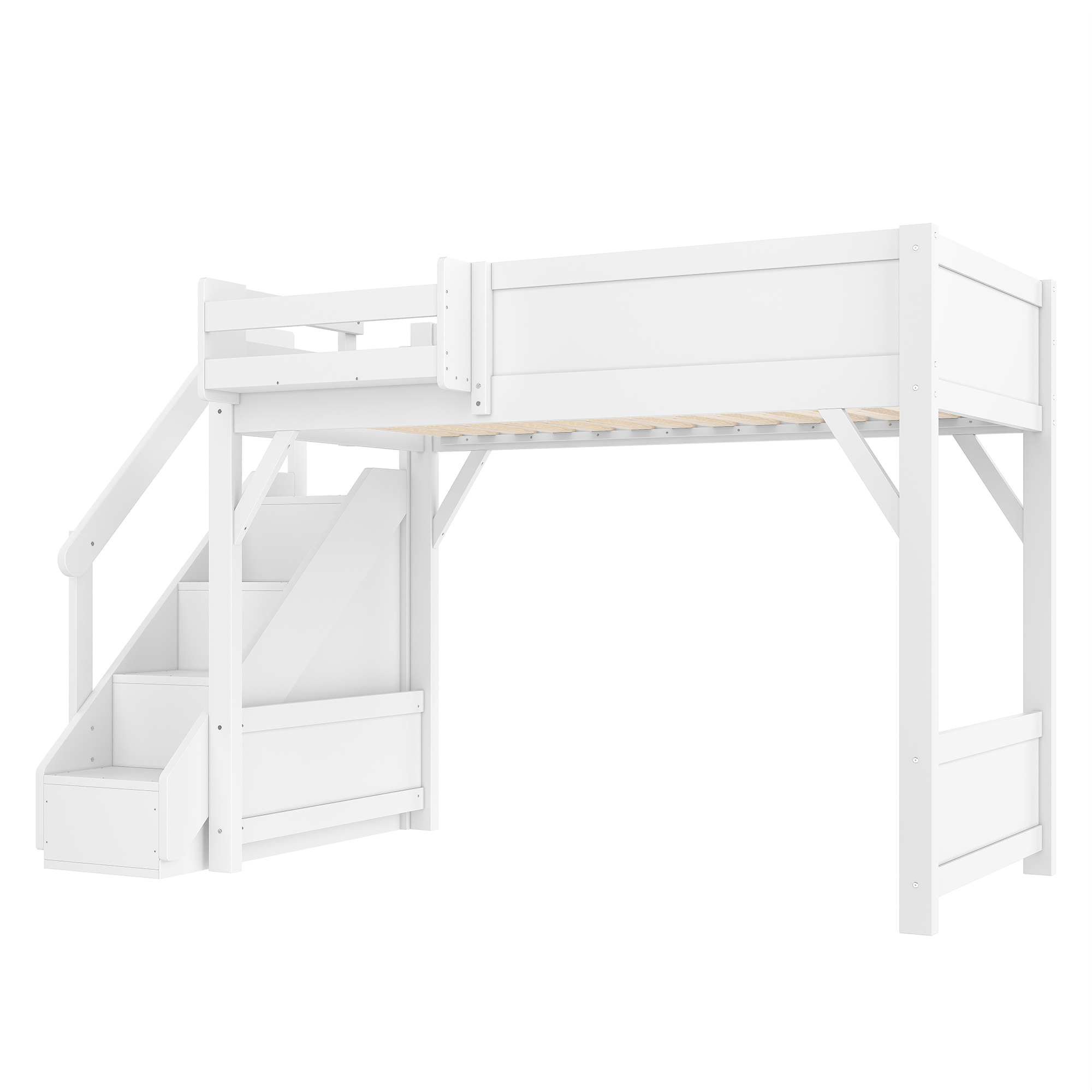 Twin Size Loft Bed with Built-in Wardrobe and Storage Space, Solid Wood Loft Bed with Beside Shelves, Full-length Guardrails and Stairs, No Box Spring Needed, White - Image 6