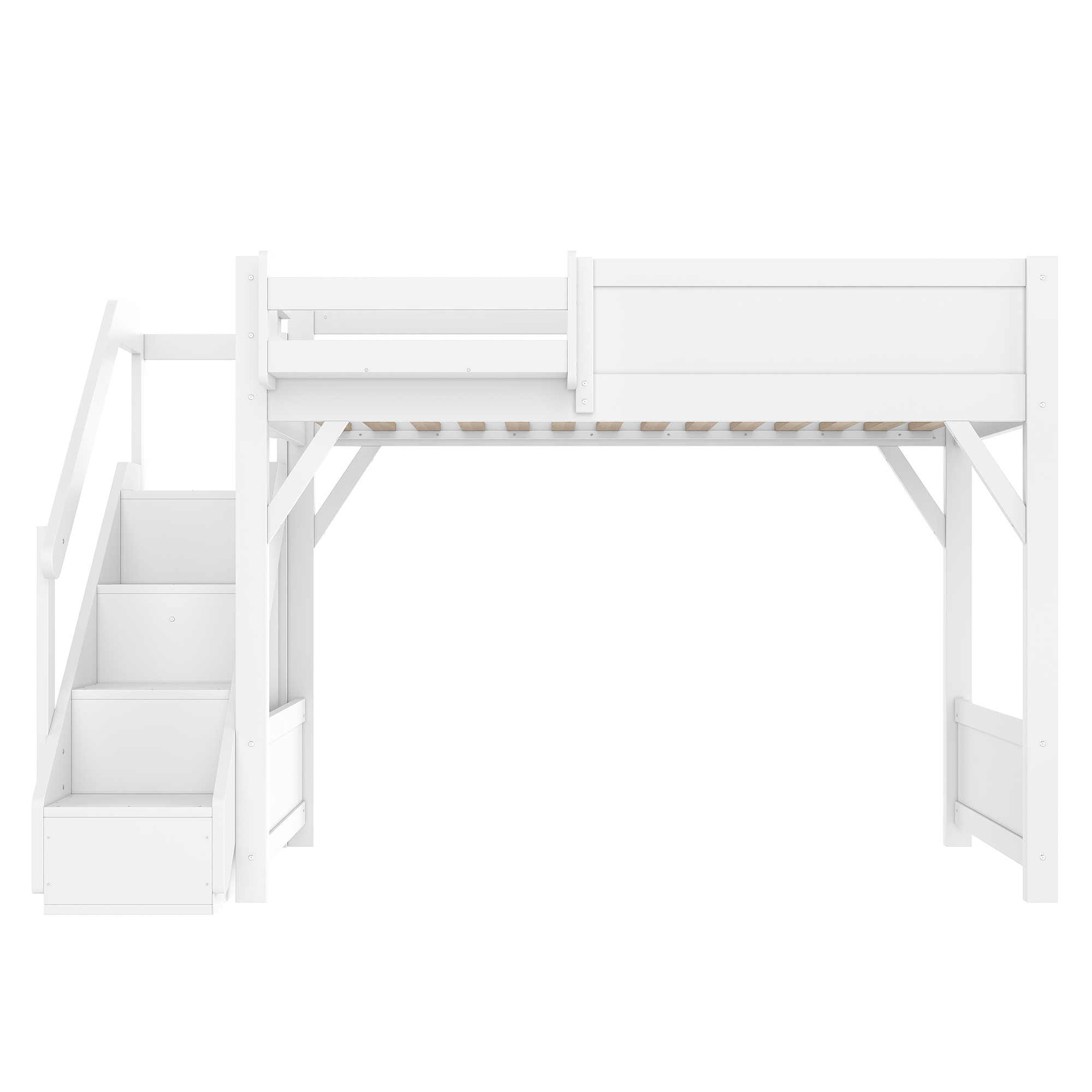 Twin Size Loft Bed with Built-in Wardrobe and Storage Space, Solid Wood Loft Bed with Beside Shelves, Full-length Guardrails and Stairs, No Box Spring Needed, White - Image 5