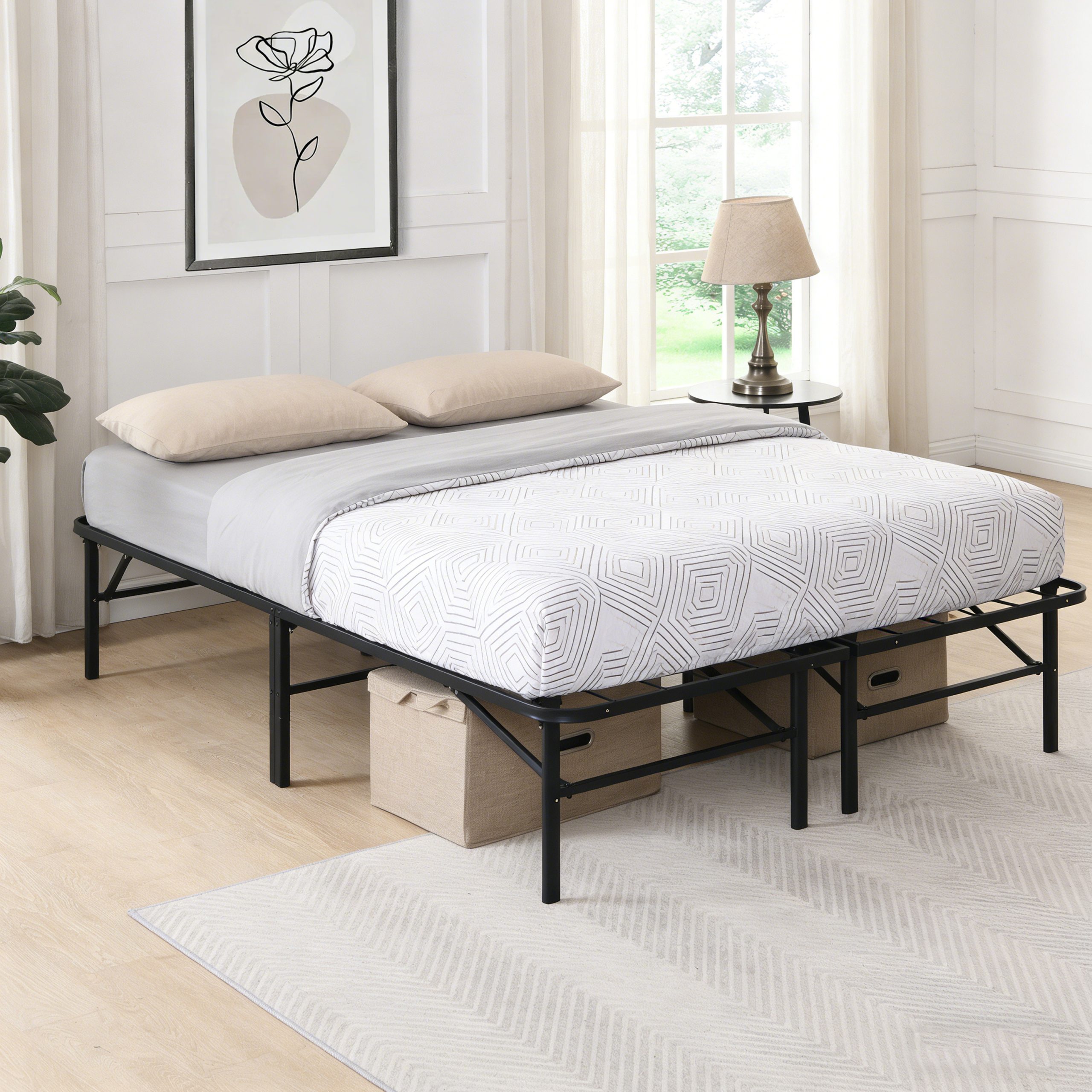KING Metal Platform Folding Bed Frame 14 Inch High King Size Box Spring Replacement Heavy Duty Steel Slat Easy Assembly Under-Bed Storage,Black - Image 1